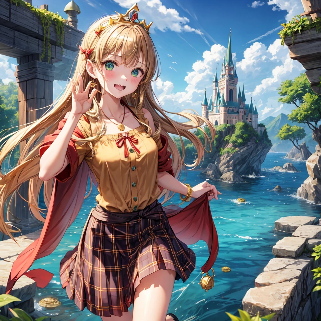 reddish-brown blonde、green eyes、one good looking girl、solo、anime、plaid mini skirt、the skirt has buttons、camisole、black t-shirt、dress、wearing a ribbon、ribbon at waist、cloak、hood、clouds are swirling、stone slabs are piled up、one hand raised、crystal earrings、sun、gold coins are falling、teeth are visible、splash of water、monster castle、have a world map、ceiling、golden key、balloon、jewelry necklace、tiara、sunburn