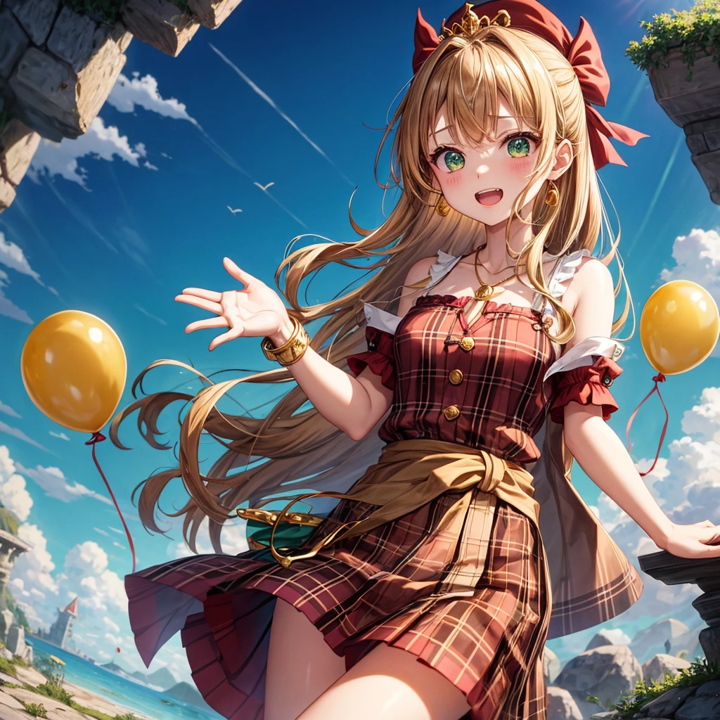 reddish-brown blonde、green eyes、one good looking girl、solo、anime、plaid mini skirt、the skirt has buttons、camisole、black t-shirt、dress、wearing a ribbon、ribbon at waist、cloak、hood、clouds are swirling、stone slabs are piled up、one hand raised、crystal earrings、sun、gold coins are falling、teeth are visible、splash of water、monster castle、have a world map、ceiling、golden key、balloon、jewelry necklace、tiara、sunburn