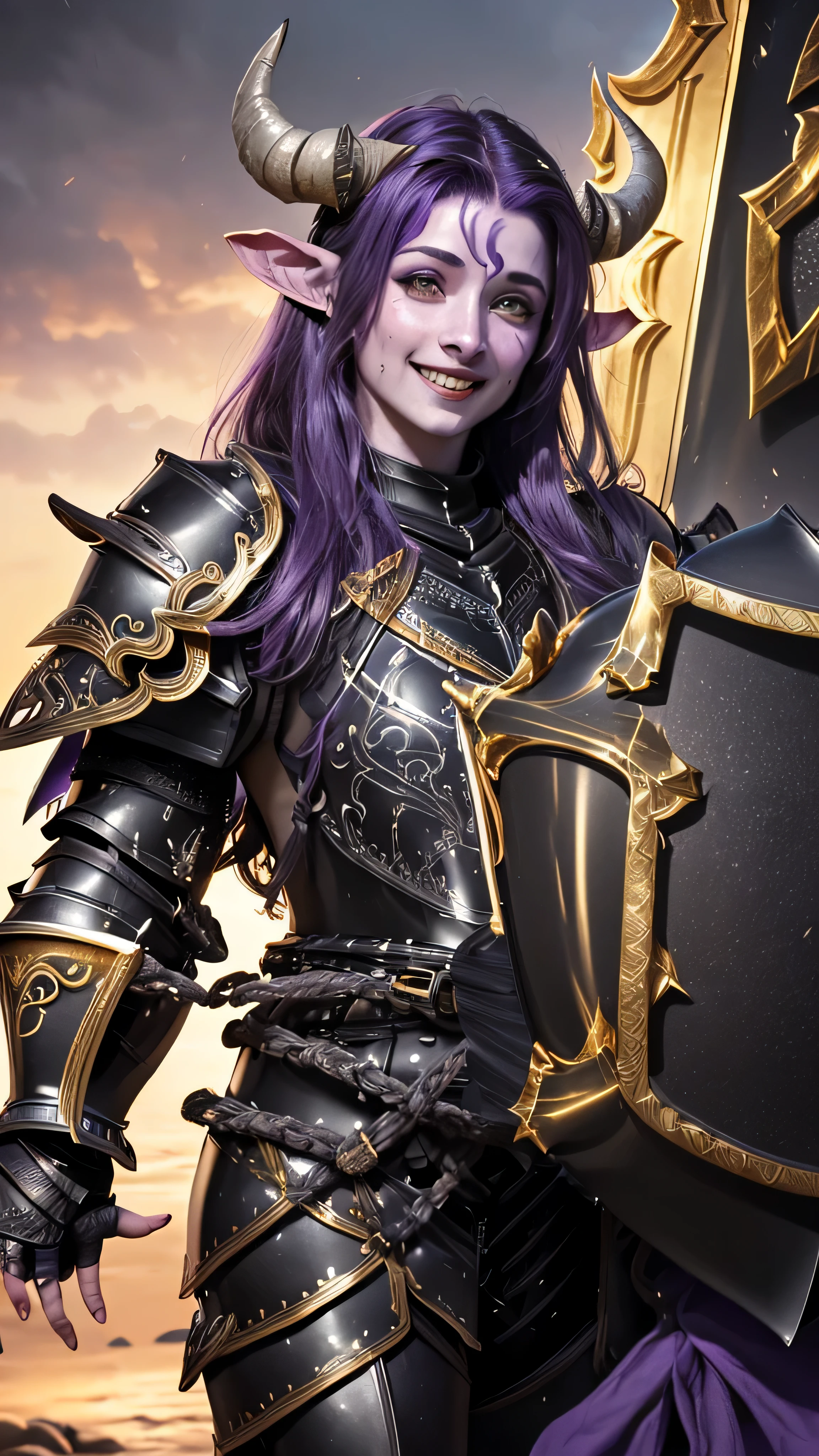 ((best quality: 1.5)) ((masterpiece: 0.8)), intricate details, sharp focus, professional, real life, realistic representation of the face, dynamic action pose, in the style of realistic and hyper detailed renderings BREAK (((((muscular (purple skin draenei girl), glossy (black horns), lacquered black paladin (armor:1.8), gold filigree, iridescent chrome shield, smiling)), gold eye, purple eye, red lips, long hair, [dark hair:blonde hair:0.6])))), freckles: 1.0), photorealistic, hyper-realistic, 8K