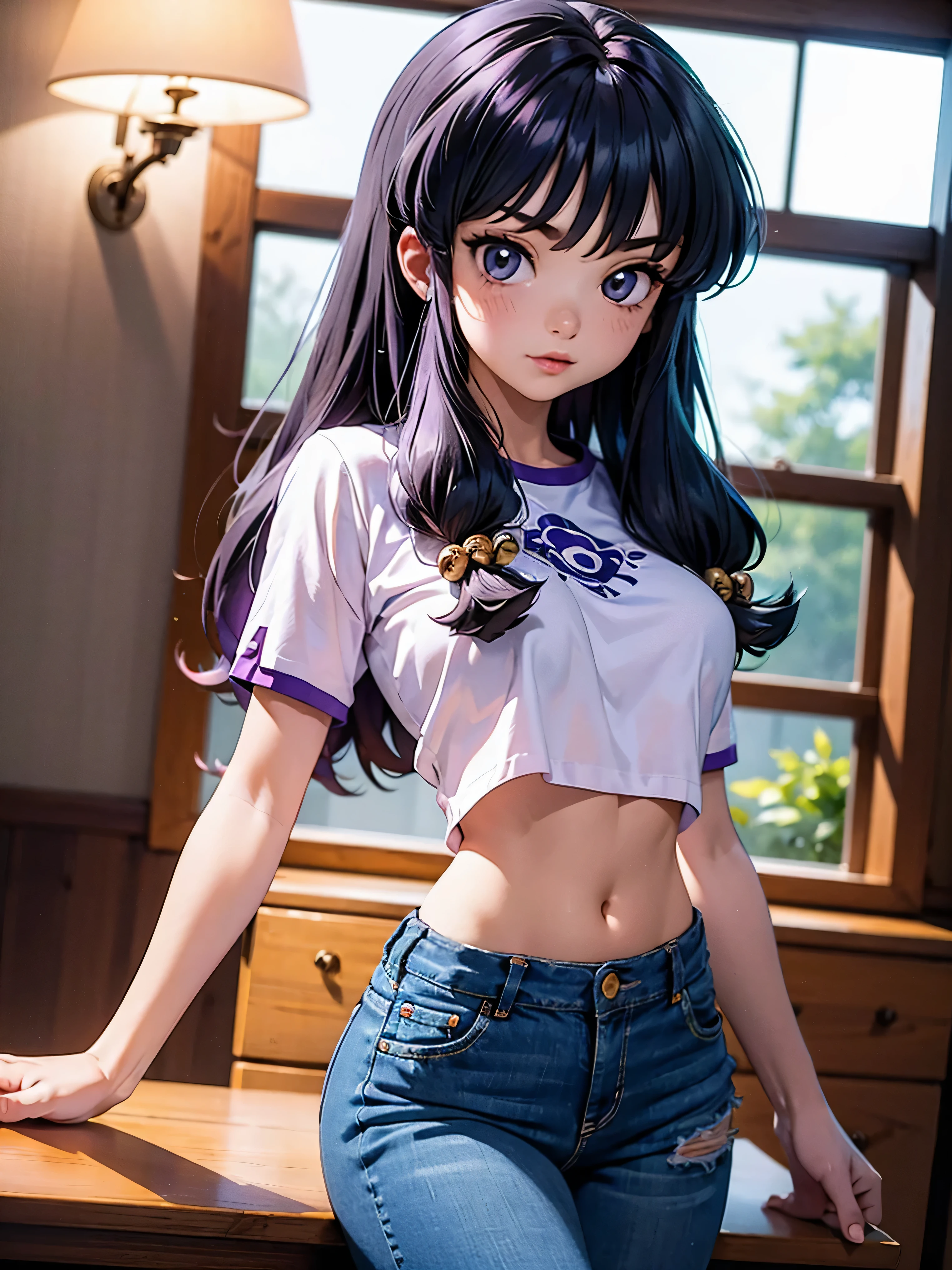 Anime cabelo purple com short jeans e blusa rosa brilhante, *******, corpo bonito, seios grandes, com as hands on chest, hands on chest, Garota sexy, purple cabelo, mechas de cabelo laterais, mechas de cabelo na lateral do rosto, beautiful lighting, sombras suaves, olhos azuis, pernas bonitas, cabelo longo purple, estilo anime, personagem Shampoo Chan, Autora Rumiko Takahashi, Baseado em obra de Rumiko Takahashi, Anime Ranma 1/ 2, decote sexy, quadril robusto, corpo inteiro, corpo inteiro, busto grande, garota jovem com corpo belo e bonito, sandals on his feet, garota ******* jovem baixa estatura, usando short jeans e blusa rosa brilhante, garota anime, estilo anime, beautiful feet in sandals, 45° viewing angle, ao ar livre, peito grande, seios bonitos, cabelo purple