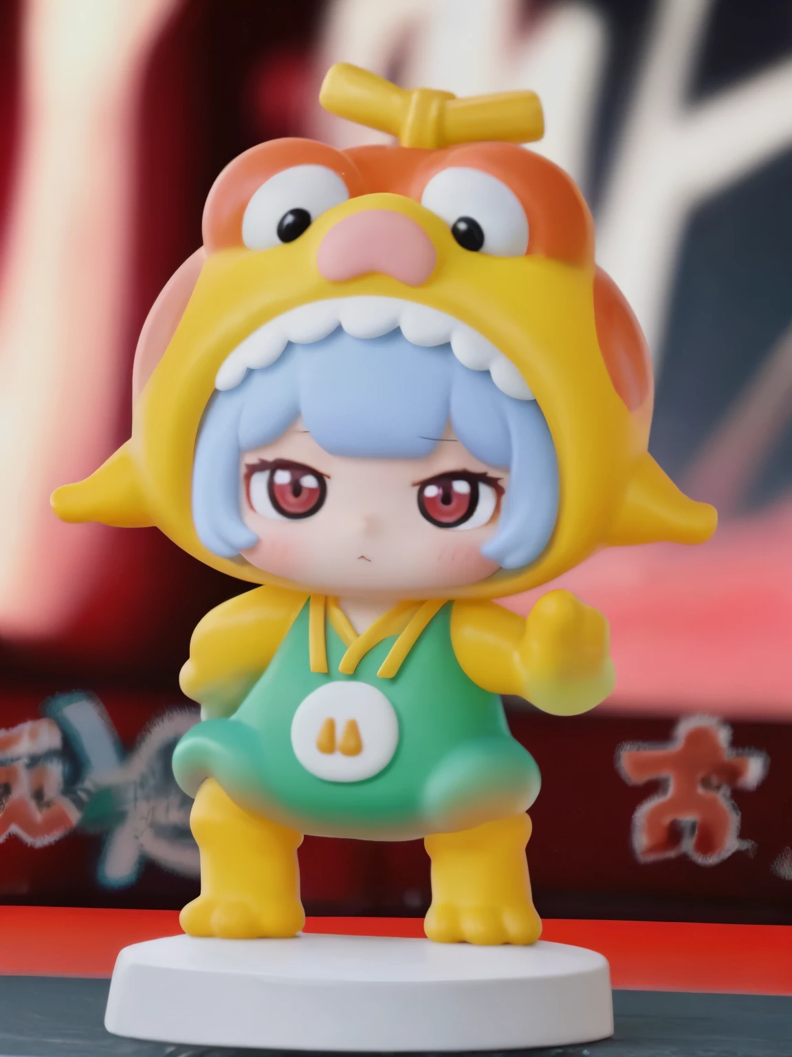 Chibi girl acting on the stage of Hero Sentai、wearing a cute monster costume