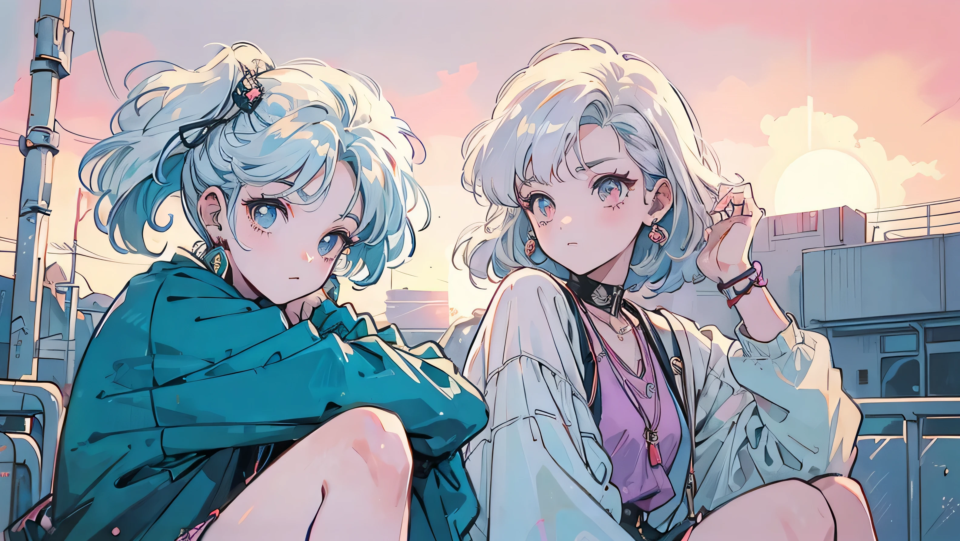 random Girl with short, white silver hair styled in a vintage wave,(( retro 90s vintage clothes)). ((Elegant look)),Her attire reflects a retro aesthetic, reminiscent of the Vice City era.Ethereal, (((90s anime retro style))),pale complexion with piercing golden eyes. Her expression hints at a mysterious allure, embodying the essence of a gothic vampire,Character design inspired by classic 90s anime, capturing the essence of the art style with bold outlines, vibrant colors, and expressive features. (((watching a pretty sunset while sitting on the ground ))). (((looking at the sun not us))),goth looks
