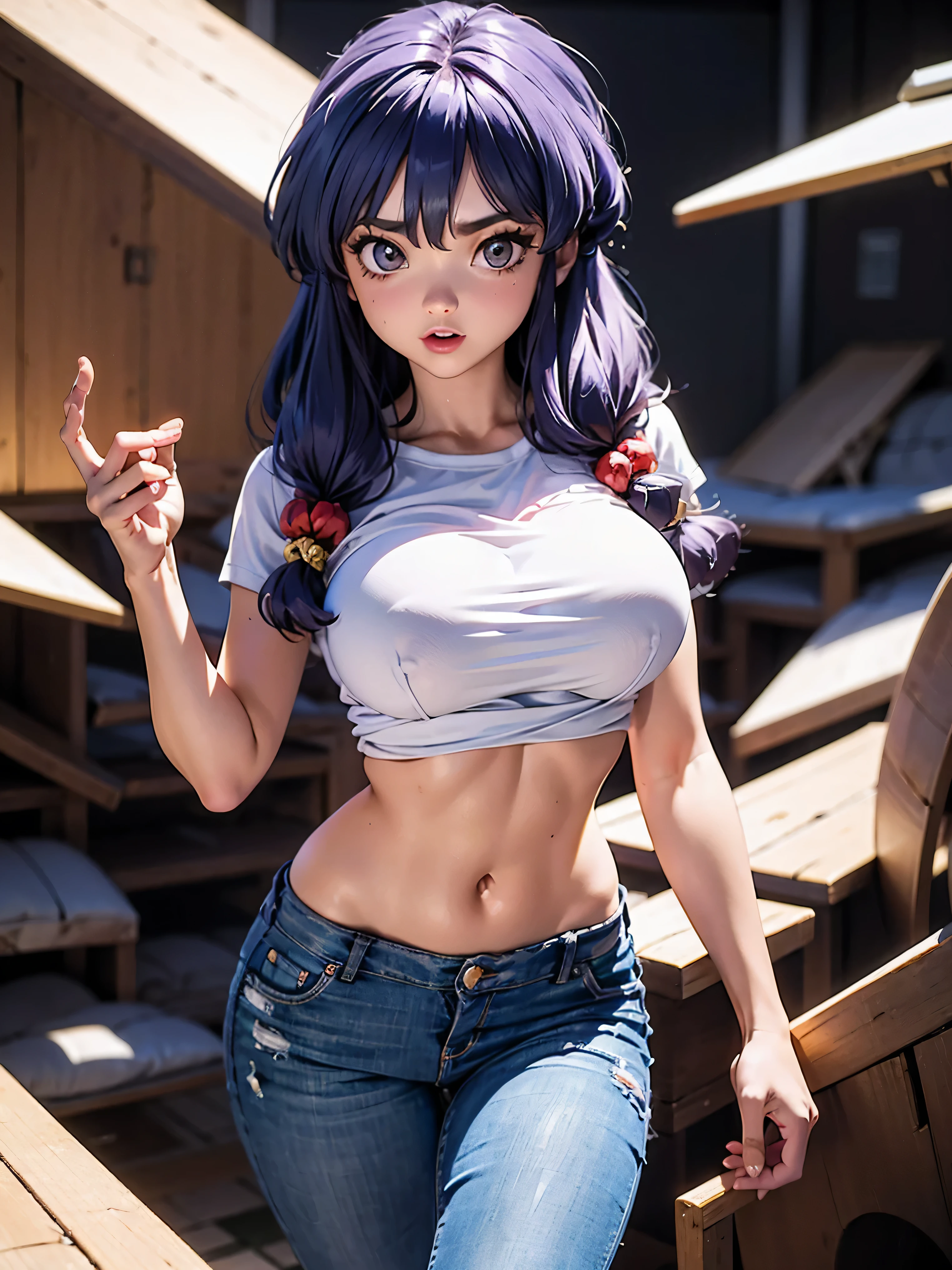 Anime cabelo purple com short jeans e blusa rosa brilhante, , corpo bonito, seios grandes, com as hands on chest, hands on chest, Garota sexy, purple cabelo, mechas de cabelo laterais, mechas de cabelo na lateral do rosto, beautiful lighting, sombras suaves, olhos azuis, pernas bonitas, cabelo longo purple, estilo anime, personagem Shampoo Chan, Autora Rumiko Takahashi, Baseado em obra de Rumiko Takahashi, Anime Ranma 1/ 2, decote sexy, quadril robusto, corpo inteiro, corpo inteiro, busto grande, garota jovem com corpo belo e bonito, sandals on his feet, garota 16 anosbaixa estatura, usando short jeans e blusa rosa brilhante, garota anime, estilo anime, beautiful feet in sandals, 45° viewing angle, ao ar livre, peito grande, seios bonitos, cabelo purple