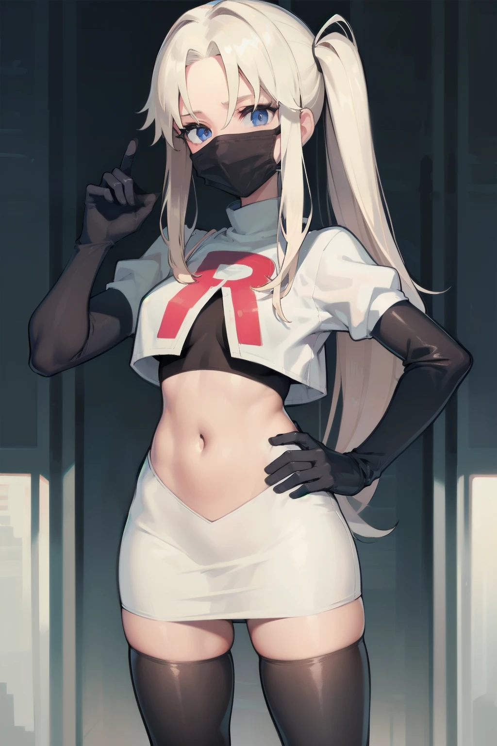 black nurse, 1womanl, Nurse Cap, blonde  hair, Blue eyes, ((Black surgical mask, Cover the nose)), hospitals, surgery room, sharp outline, a matural female, 35 year old, Best Quality, masutepiece, team rocket,team rocket uniform, red letter R, white skirt,white crop top,black thigh-highs,black elbow gloves