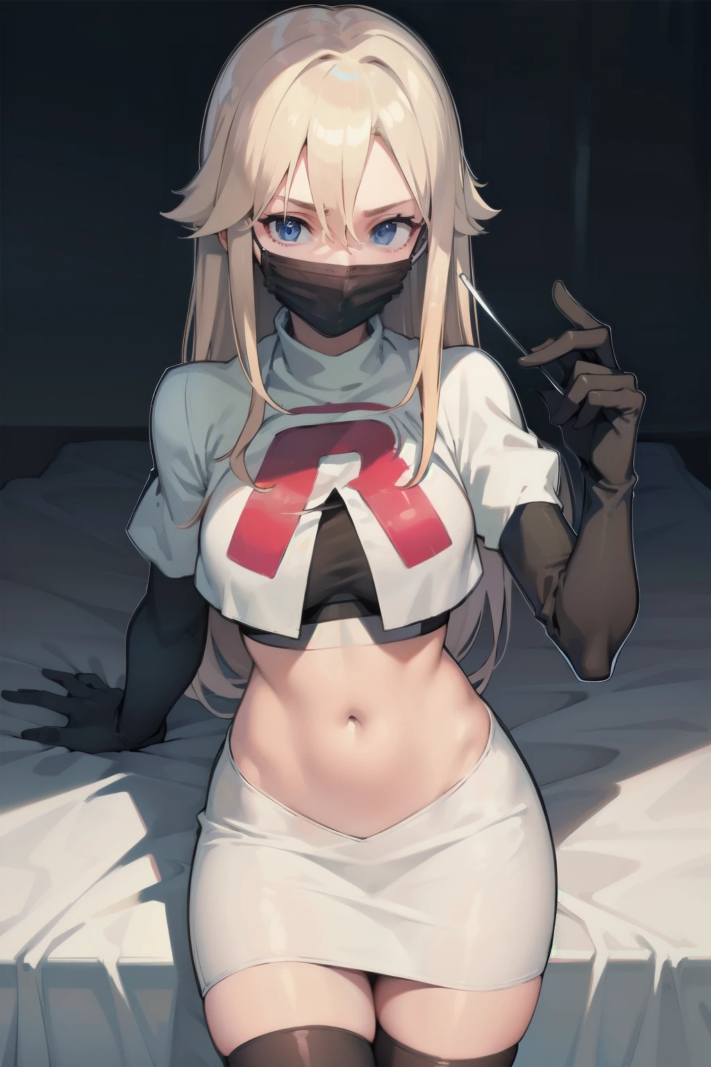 black nurse, 1womanl, Nurse Cap, blonde hair, Blue eyes, ((Black surgical mask, Cover the nose)), hospitals, surgery room, sharp outline, a matural female, 35 year old, Best Quality, masutepiece, team rocket,team rocket uniform, red letter R, white skirt,white crop top,black thigh-highs,black elbow gloves