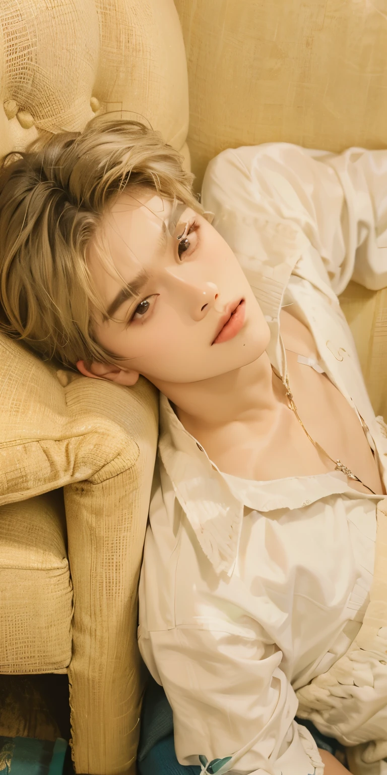 Arafed young man lying on a sofa with a remote control, cai xukun, Jung Jaehyun, beautiful androgynous prince, delicate androgynous prince, hyung tae, todos del grupo nct, xqc, sakimichan, diez lee, yanjun chengt, Inspirado por Bian Shoumin, jinyoung shin, kim doyoung, Jimin, Korean boy, full 4k, realistic 