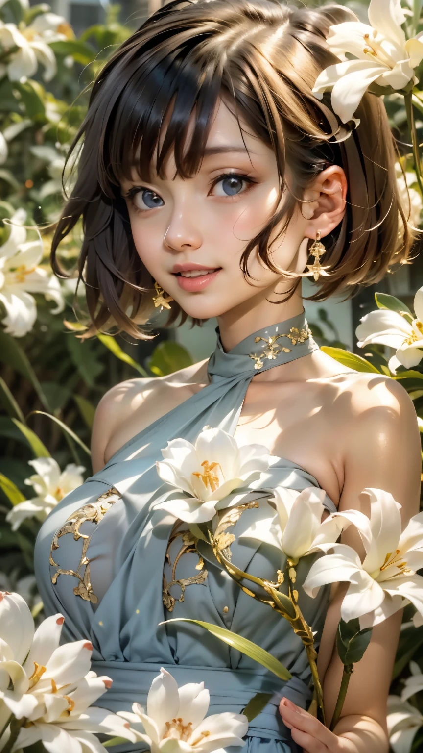 1 girl, Blue eyes. Full length, holding a lily in her hand, blue short couture bell dress, with straps, open shoulders. Blue eyes glow with happiness. Head tilted, short brown hair, graceful head, with a clear smile on her face, Chic interior - sunshine. Chara, a golden studio background, stands among white flowers. Brown hair, blunt bangs, hair between the eyes, parted bangs, long eyelashes, earrings, slight smile, Realism, Surrealism, Art Deco, chiaroscuro, backlighting, masterpiece, anatomically correct, super detail, excellent detail, award-winning, best quality, 1080P, HD