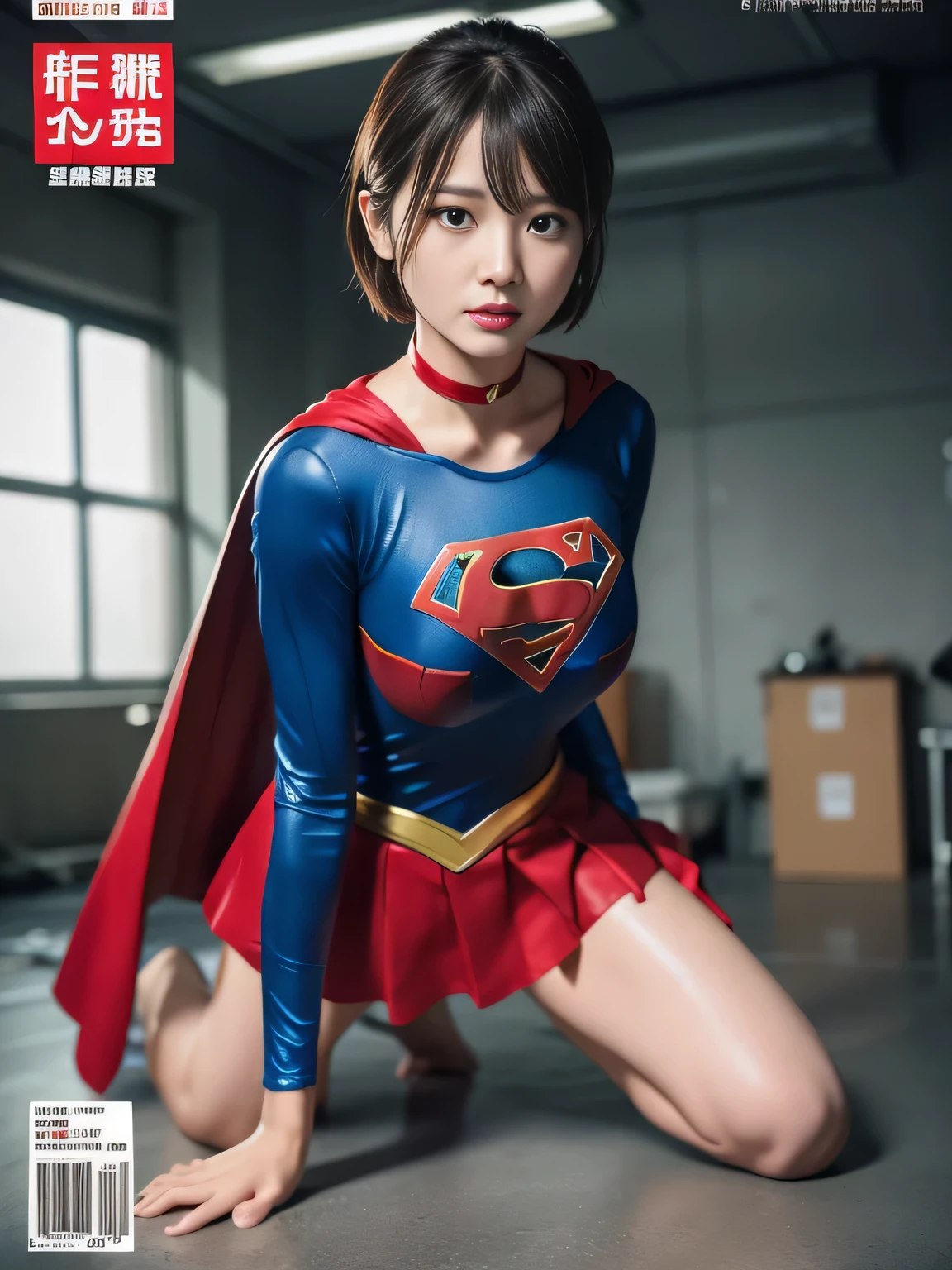 masterpiece、supergirl costume、short hair、barefoot、big and full breasts、torture、operating room、operating table、Crisis situation、straddle、flowing sweat、shiny、look at the camera、provocation、Estrus、choker、Weekly magazine cover、long sleeve、red mini skirt、obscene pose、Seduce、humiliating