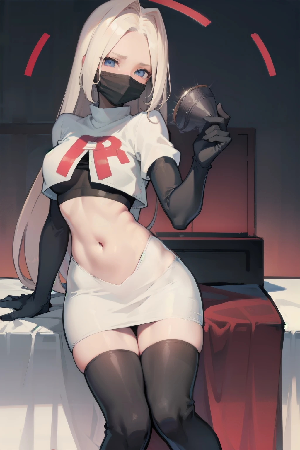 Monochrome, dark red background, a girl, navel exposed outfit, micro bikini, hippie style, rock, stop, sexy pose, bow, winner's gesture, sexy look, exposed skin, cup chest c, golden eyes, blushing, tongue out, full body (from front: 1.3),