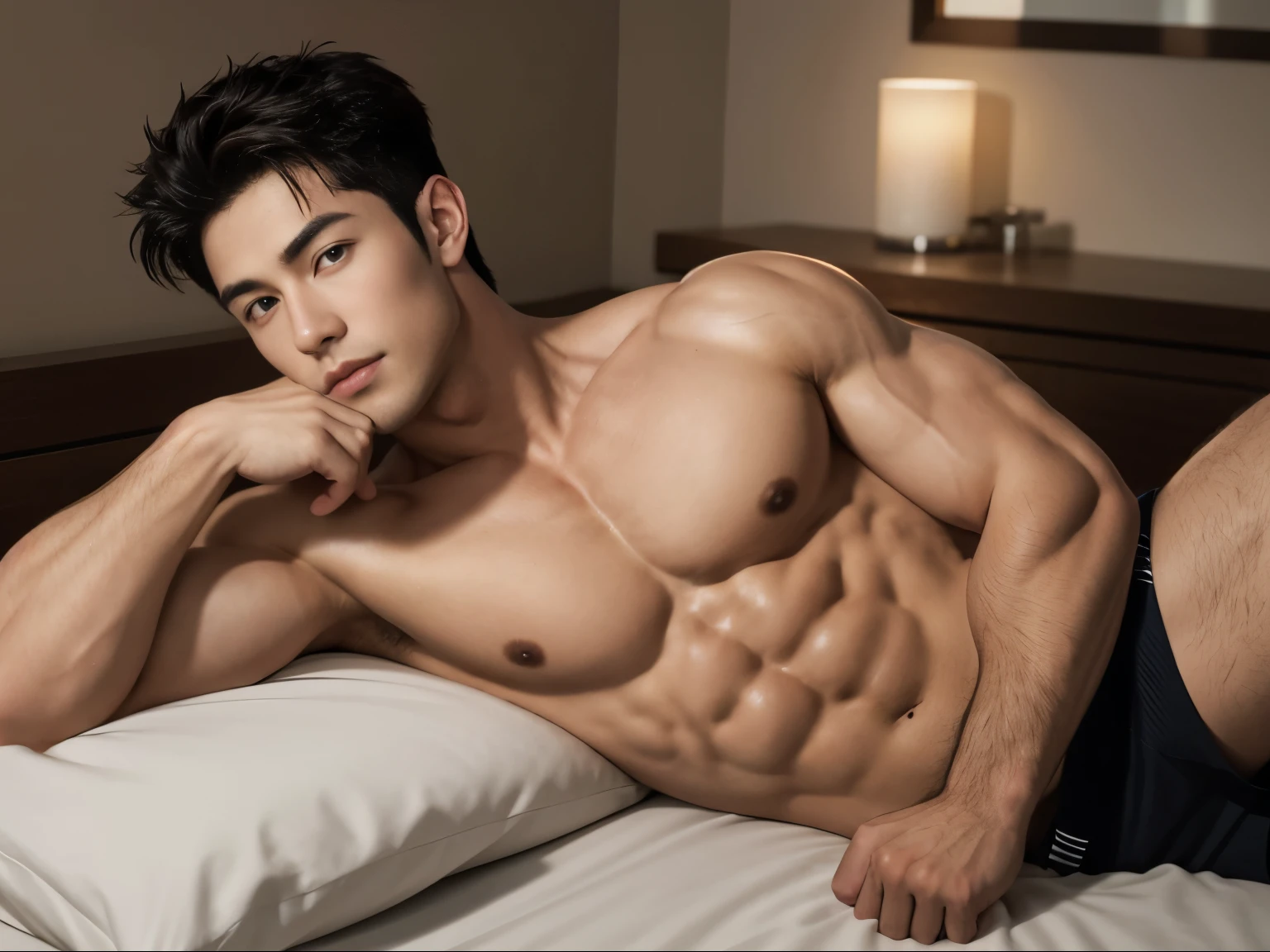 Handsome, muscular young man laying on the bed, resting on his elbow, full body shot,