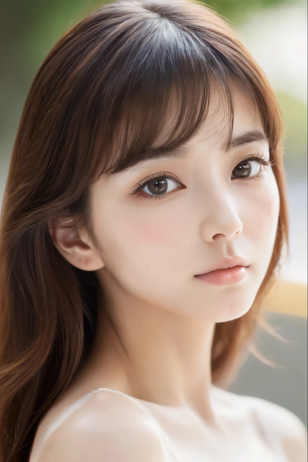 (8k, 4k, best quality, highres:1.2), (masterpiece, realistic, photo realistic:1.37), 1girl, solo, Japanese girl, beautiful face, eyelashes, nose, glossy lips, (detailed eyes, looking at viewer, fair skin, white skin:1.5), fine complexion, upper body, medium breasts
