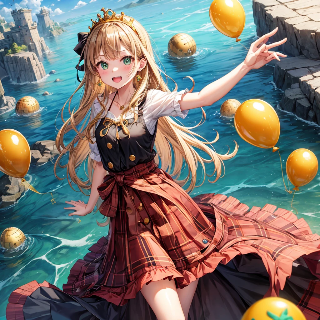 reddish-brown blonde、green eyes、one good looking girl、solo、anime、plaid mini skirt、the skirt has buttons、camisole、black t-shirt、dress、wearing a ribbon、ribbon at waist、cloak、hood、clouds are swirling、stone slabs are piled up、one hand raised、crystal earrings、sun、gold coins are falling、teeth are visible、splash of water、monster castle、have a world map、ceiling、golden key、balloon、jewelry necklace、tiara、sunburn、Wheat color
