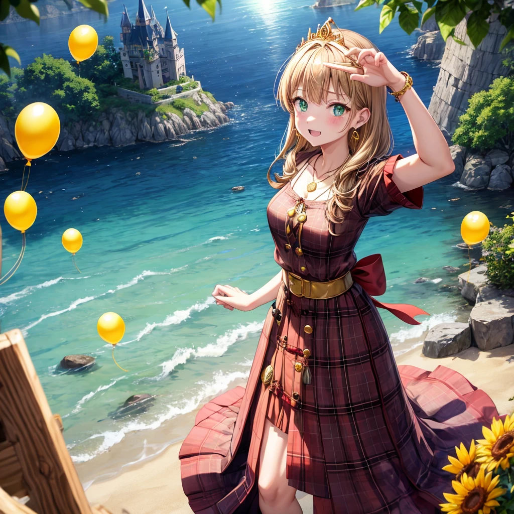 reddish-brown blonde、green eyes、one good looking girl、solo、anime、plaid mini skirt、the skirt has buttons、camisole、black t-shirt、dress、wearing a ribbon、ribbon at waist、cloak、hood、clouds are swirling、stone slabs are piled up、one hand raised、crystal earrings、sun、gold coins are falling、teeth are visible、splash of water、monster castle、have a world map、ceiling、golden key、balloon、jewelry necklace、tiara、sunburn、Wheat color