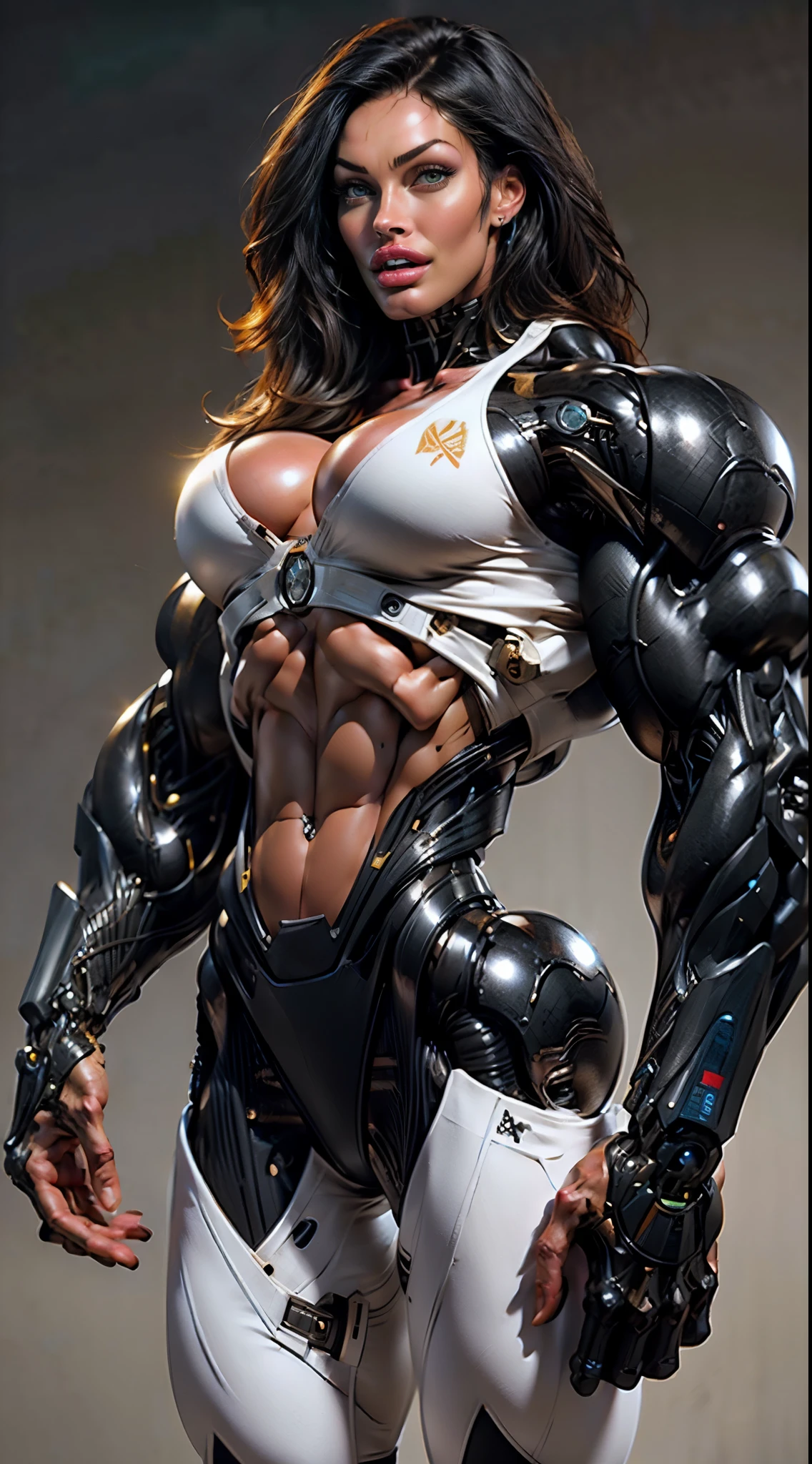 (1 girl), (megan fox:1.25), (muscular android girl wearing a black anatomic cybernetic muscle suit:1.25), (wide shoulders:1.25), (muscular defined physique:1.25), perfect hands, long hair, large breasts, high resolution image, extreme detail, blank background