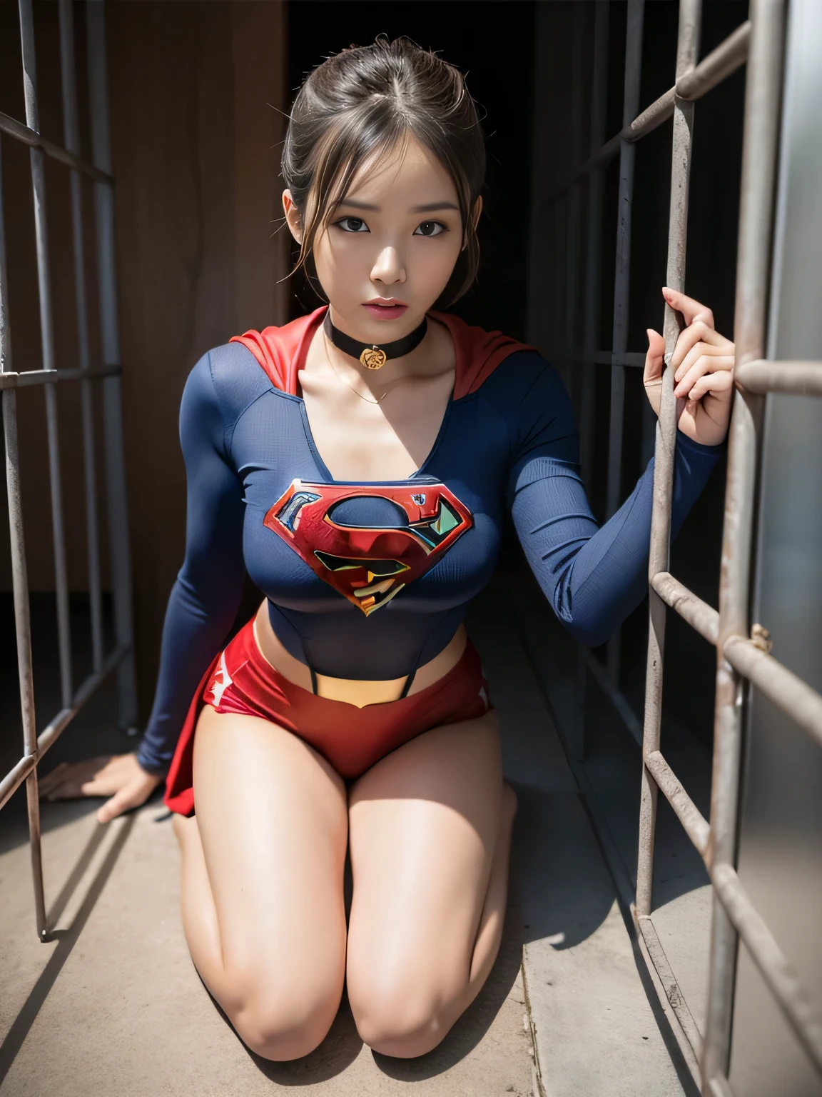 masterpiece、supergirl costume、short hair、barefoot、big and full breasts、Crisis situation、Complete surrender、prison、in a cage、torture、kneel down、sweaty、shiny、looking at camera、Seduce、choker、long sleeve、red sexy pose、POW camps、humiliating