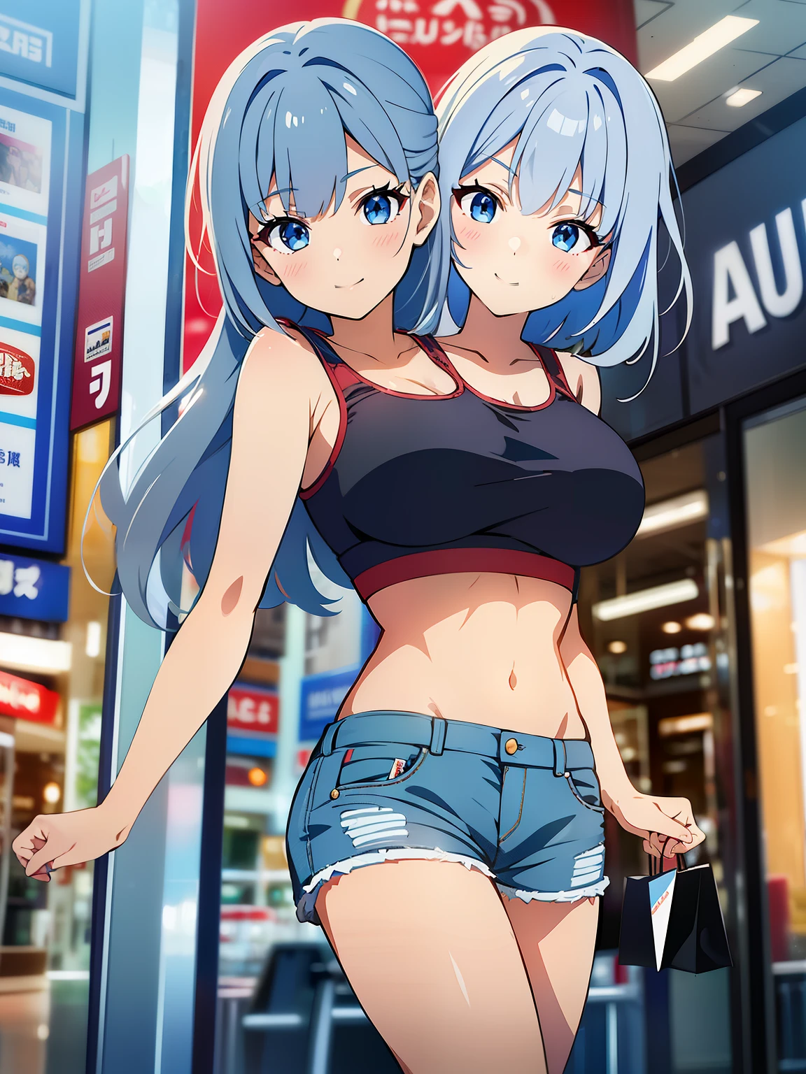 (masterpiece),(ultra-detailed), (high quality), (high resolution), (best quality:1.5, highres, UHD), highres, absurdo, ultra detail, ultra quality, Ultra resolution, 16k, ((2heads:1.5)), 1girl, anime girl with two heads, silver gray hair, red tank top, casual wear, city background, smiling, shopping mall, teenage girl, vibrant lighting, blue skirt, (red sports bra)