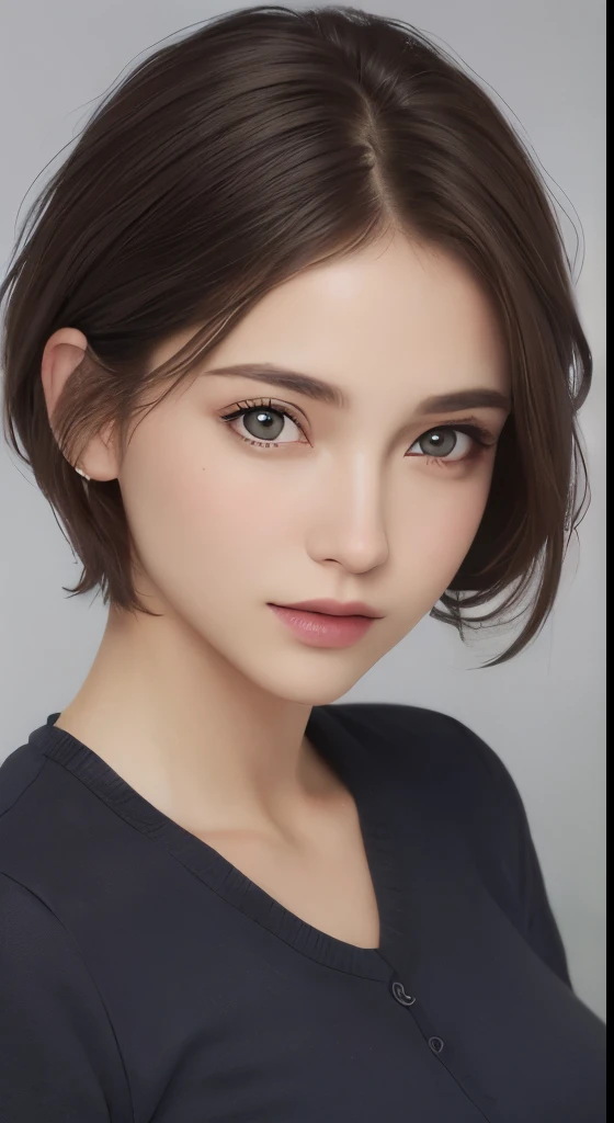 (masterpiece、highest quality、photorealistic、High resolution、photograph、:1.3)、close up shot、sharp focus、30 year old mature woman、small face、no makeup、Detailed beautiful eyes、bangs、dark brown hair、short cut hair、(realistic skin)、beautiful skin、charming、超High resolution、Super realistic、High definition、Camisa branca aberta,middlebre、small breasts、bust B cup、small breasts、cool beauty、Gray background、