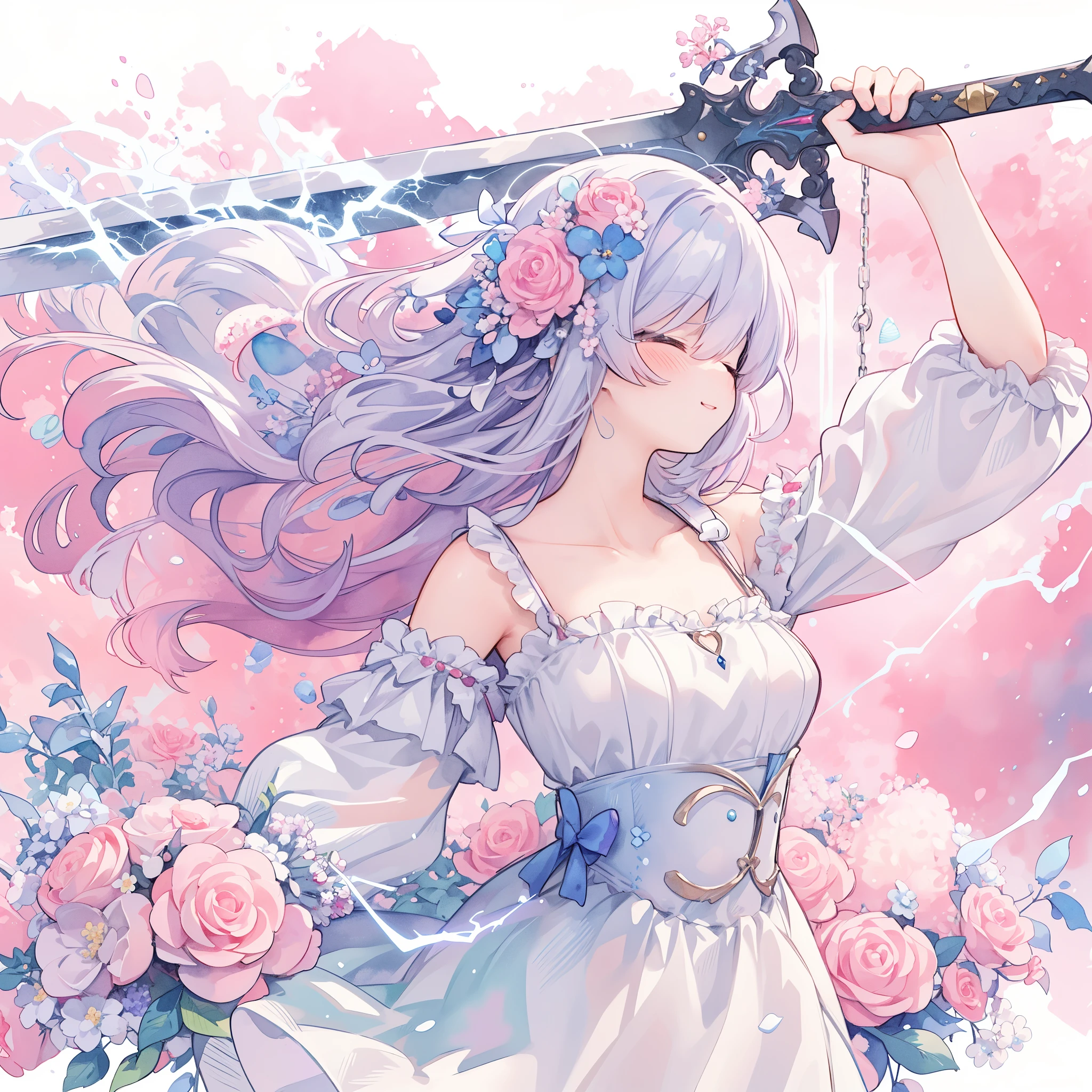 Pastel Watercolor、A beautiful girl swinging a large sword decorated with many jewels closes her eyes and smiles.、correct hand、If you blow it, you can absorb lightning.、Leave lightning behind as a place attack when you swing、When you first move, basically move so that it leaves an afterimage.、pink theme,long hair anime girl with sword and flowers, anime fantasy illustration, beautiful anime artwork, beautiful anime art, anime fantasy artwork, beautiful anime art style, anime princess, detailed anime art, beautiful fantasy anime, anime illustration, anime art wallpaper 4k, anime art wallpaper 4k, detailed digital anime art, clean detailed anime art, pixiv digital art