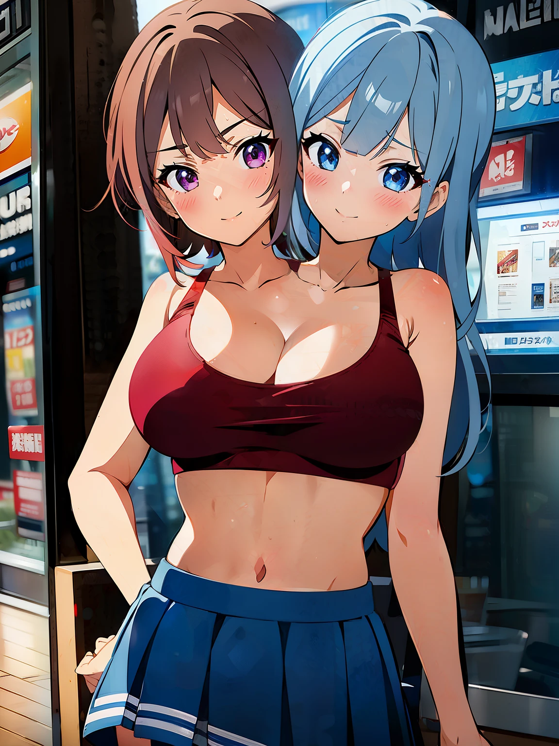 (masterpiece),(ultra-detailed), (high quality), (high resolution), (best quality:1.5, highres, UHD), highres, absurdo, ultra detail, ultra quality, Ultra resolution, 16k, ((2heads:1.5)), 1girl, anime girl with two heads, silver gray hair, red tank top, casual wear, city background, smiling, shopping mall, teenage girl, vibrant lighting, blue skirt, (red sports bra), blushing