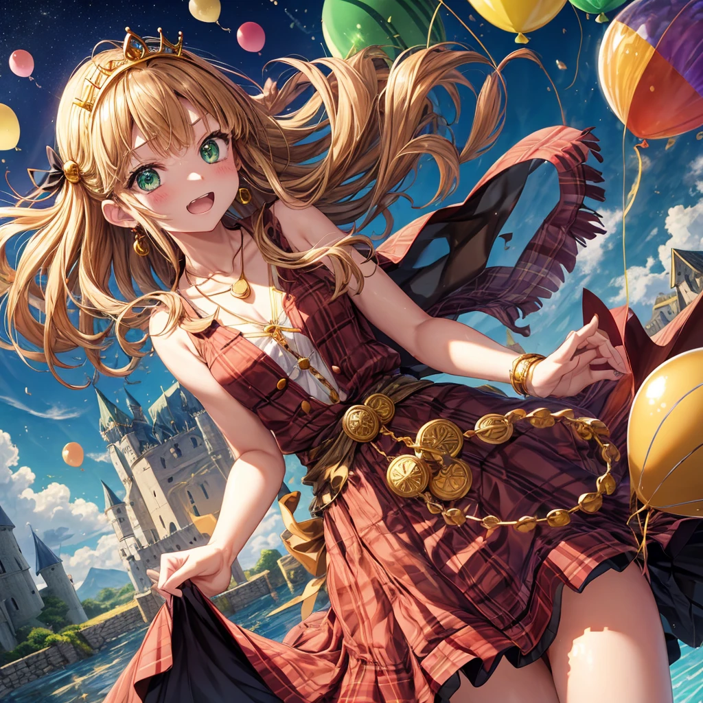 reddish-brown blonde、green eyes、one good looking girl、solo、anime、plaid mini skirt、the skirt has buttons、camisole、black t-shirt、dress、wearing a ribbon、ribbon at waist、cloak、hood、clouds are swirling、stone slabs are piled up、one hand raised、crystal earrings、sun、gold coins are falling、teeth are visible、splash of water、monster castle、have a world map、ceiling、golden key、balloon、jewelry necklace、tiara、Wheat-colored tan