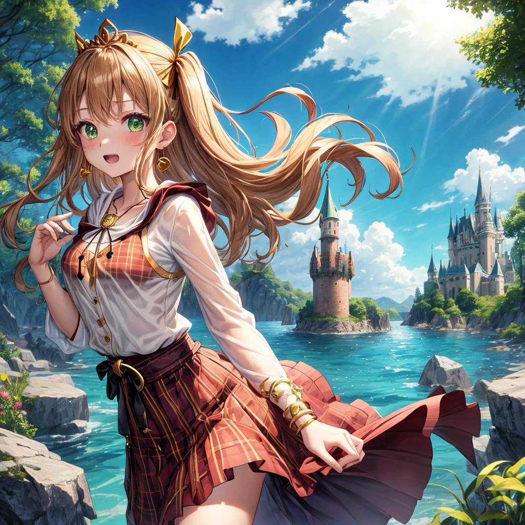 reddish-brown blonde、green eyes、one good looking girl、solo、anime、plaid mini skirt、the skirt has buttons、camisole、black t-shirt、dress、wearing a ribbon、ribbon at waist、cloak、hood、clouds are swirling、stone slabs are piled up、one hand raised、crystal earrings、sun、gold coins are falling、teeth are visible、splash of water、monster castle、have a world map、ceiling、golden key、balloon、jewelry necklace、tiara、Wheat-colored tan