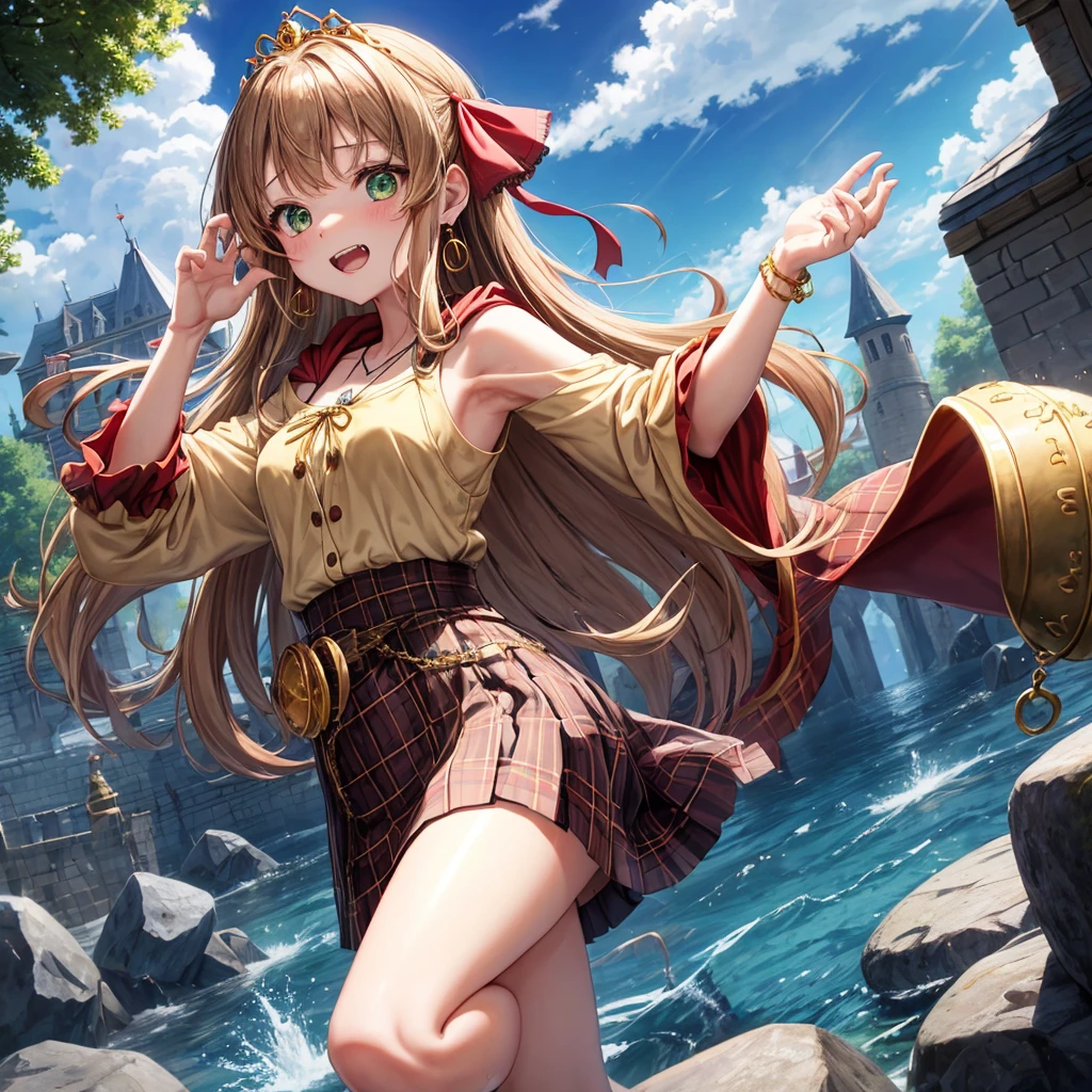 reddish-brown blonde、green eyes、one good looking girl、solo、anime、plaid mini skirt、the skirt has buttons、camisole、black t-shirt、dress、wearing a ribbon、ribbon at waist、cloak、hood、clouds are swirling、stone slabs are piled up、one hand raised、crystal earrings、sun、gold coins are falling、teeth are visible、splash of water、monster castle、have a world map、ceiling、golden key、balloon、jewelry necklace、tiara、Wheat-colored tan