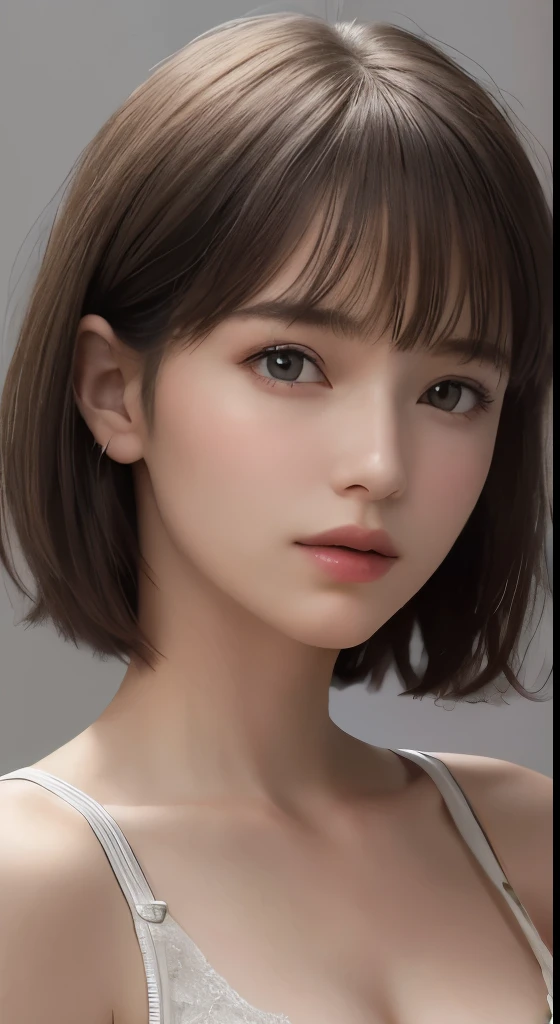 (masterpiece、highest quality、photorealistic、High resolution、photograph、:1.3)、close up shot、sharp focus、30 year old mature woman、small face、no makeup、Detailed beautiful eyes、bangs、dark brown hair、short cut hair、(realistic skin)、beautiful skin、charming、超High resolution、Super realistic、High definition、Camisa branca aberta,middlebre、small breasts、bust B cup、small breasts、cool beauty、Gray background、