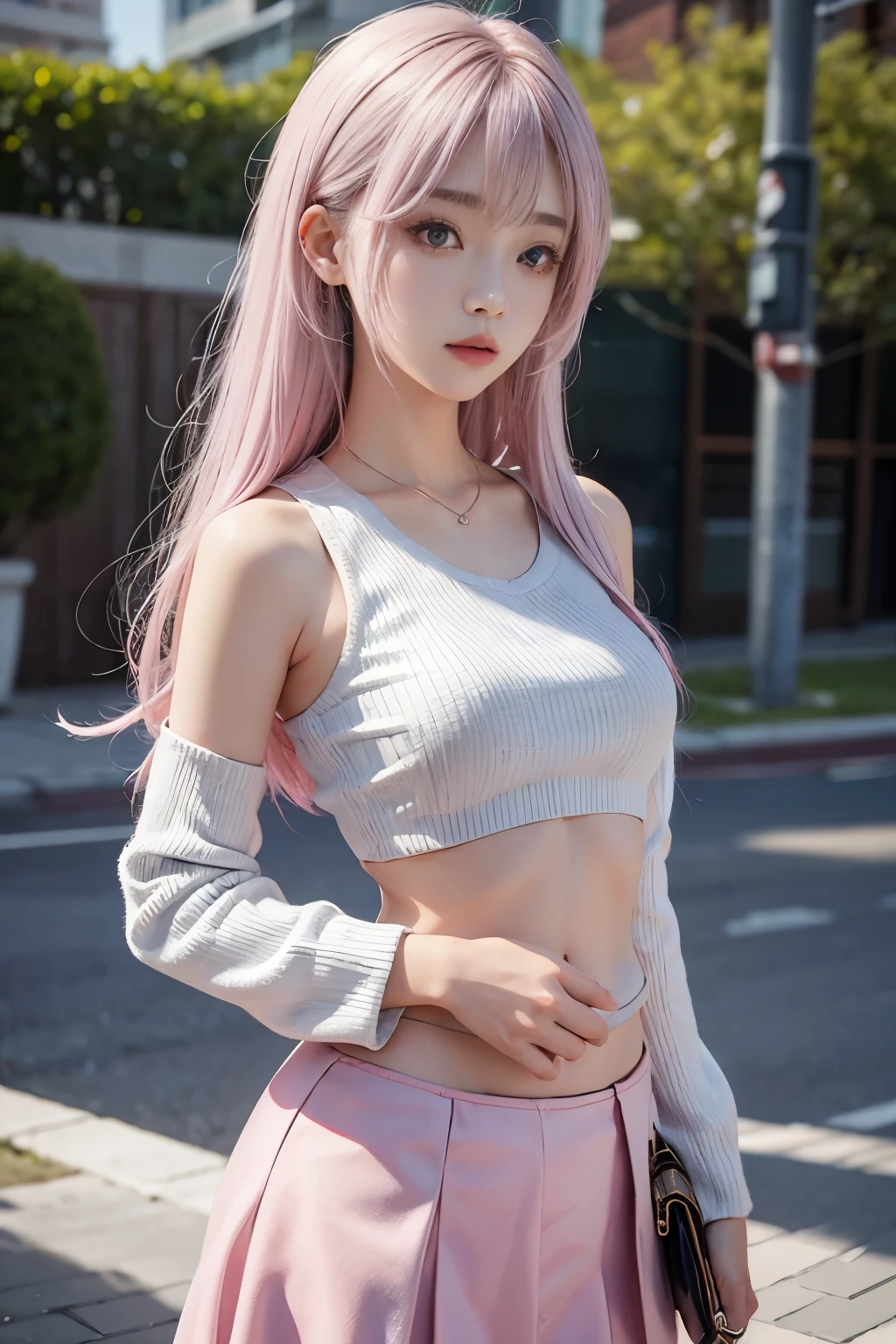 beautiful korean girl looks like 4D painting (1 girl,) (view), straight parting hair, silver and pink hair, hair bang, hair pin, tank top and sweater as outer, stomach skirt, (park background), vibrant colours, studio light, ultra detailed, gentle light, 3D animation