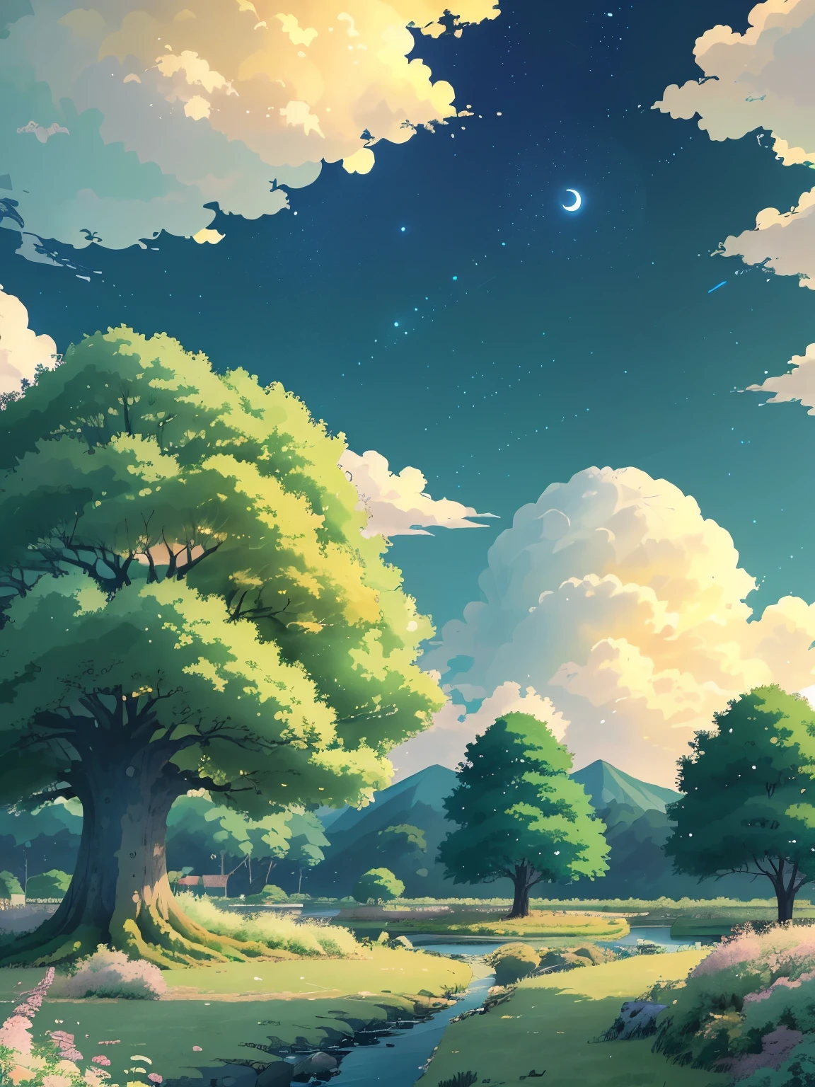 anime landscape with a tree and a star in the sky, anime sky, anime clouds, anime nature, beautifull puffy clouds. anime, anime background, anime nature wallpap, beautiful iphone wallpaper, anime landscape wallpaper, anime beautiful peace scene, anime art wallpaper 8 k, anime wallpaper 4 k, anime wallpaper 4k, 4k anime wallpaper, 4k vertical wallpaper