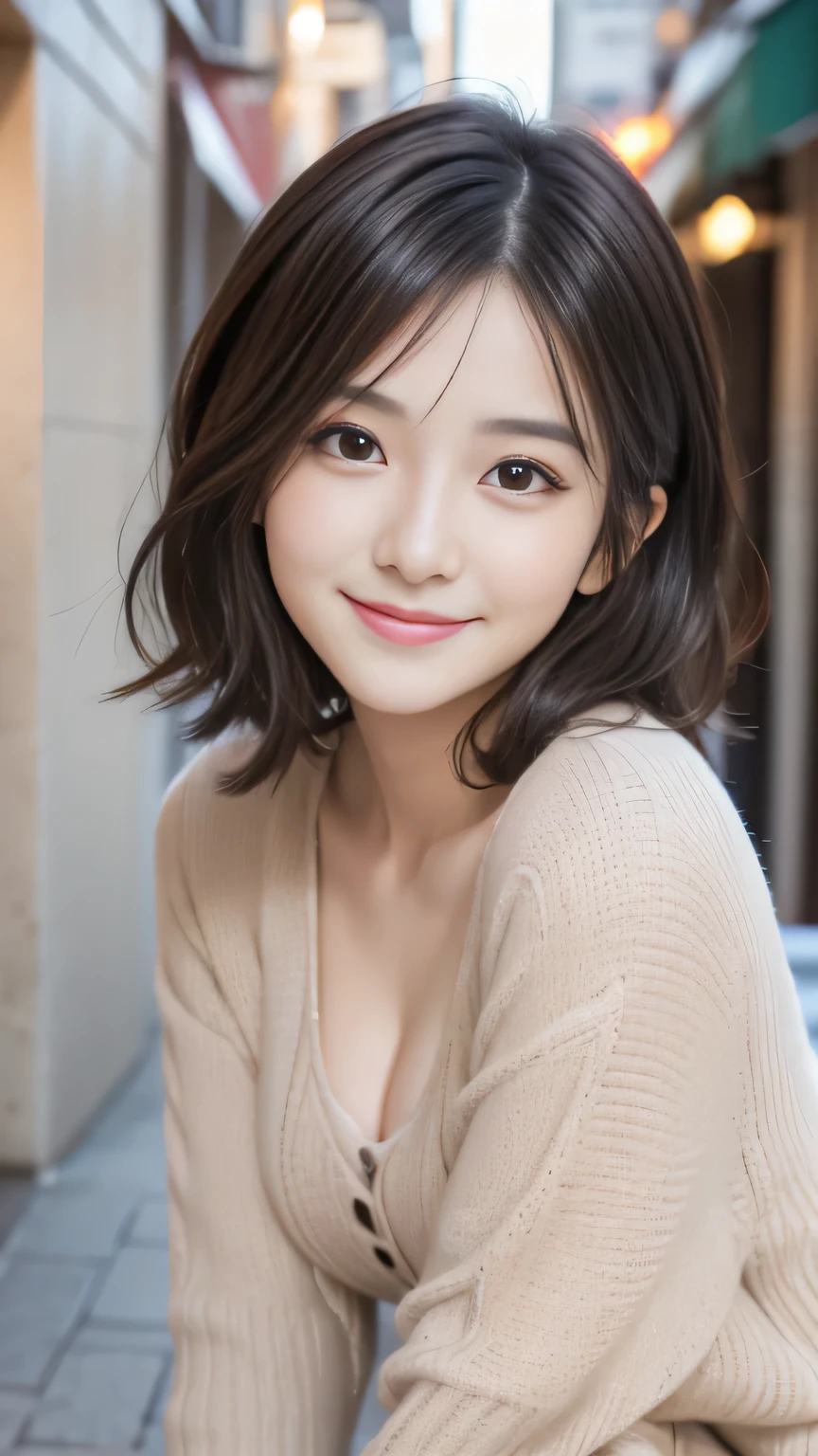 muste piece、best quality、illustration、 Super detailed、fine details、 High resolution、8K Dende Wallpaper、perfect dynamic composition、27 year old cute girl、sweet girl、detailed beautiful face、detailed cute eyes、textured skin、modest smile、wavy short hair、small breasts、winter casual wear、bold sexy pose、