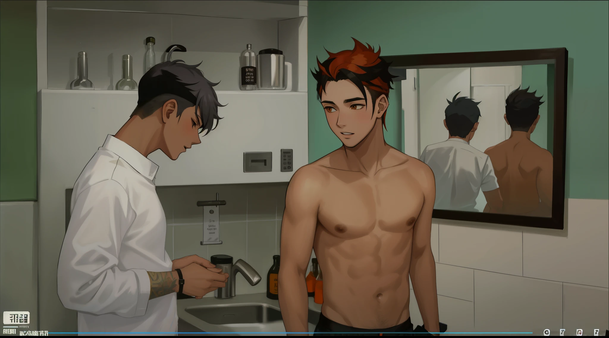There are two 16 year old boys with silver hair and orange hair., el de cabello plateado cura las heridas de la espalda del chico sin camisa