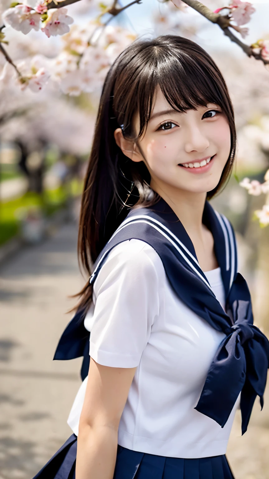 (((beautiful japanese high school girl))) 、1 person、(((At the cherry blossom trees in bloom)))、doing a sexy pose、(((Revealing sailor suit)))、(((Glamour)))、((smile))、photorealistic、With a clearer image、beautiful detailed eyes、hyper realism、high contrast、Ultra HD、realistic skin texture、Highest image quality、highest quality、ultra high resolution、Finely detailed、very carefully