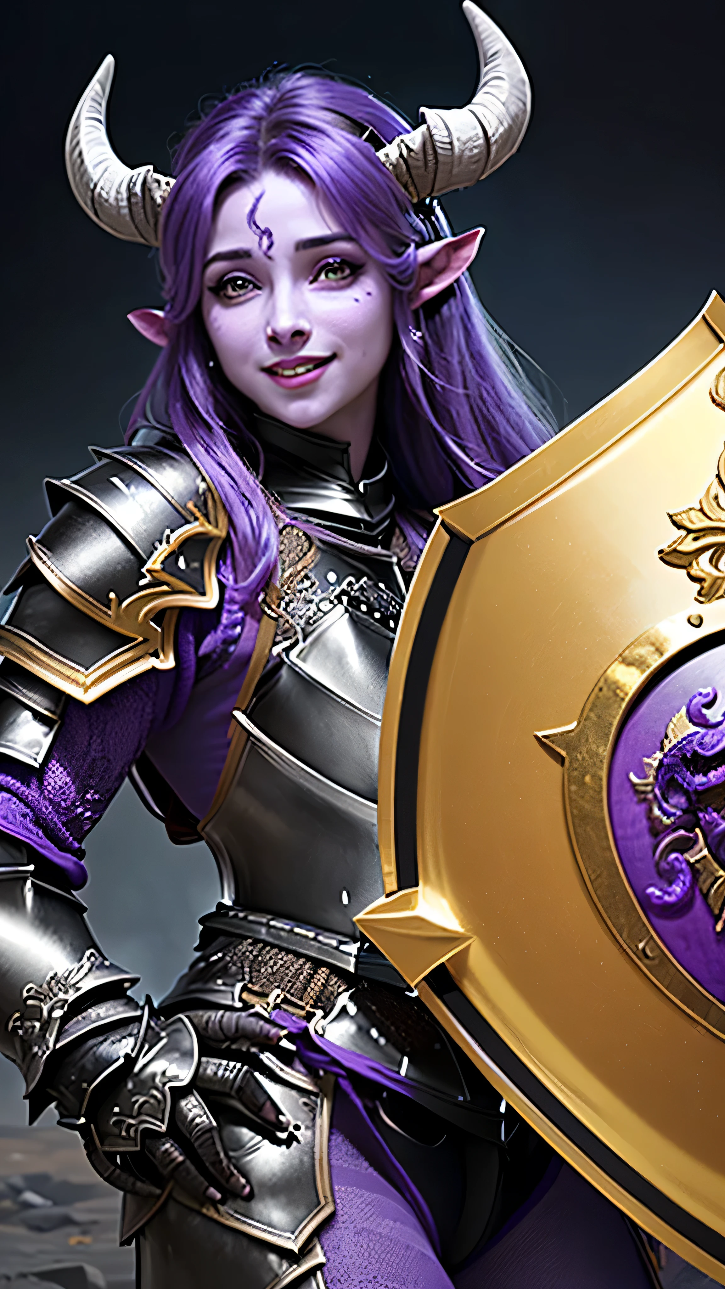 ((best quality: 1.5)) ((masterpiece: 0.8)), intricate details, sharp focus, professional, real life, realistic representation of the face, dynamic action pose, in the style of realistic and hyper detailed renderings BREAK (((((muscular (purple skin draenei girl), glossy (black horns), lacquered black paladin (armor:1.8), gold filigree, iridescent chrome shield, smiling)), gold eye, purple eye, red lips, long hair, [dark hair:blonde hair:0.6])))), freckles: 1.0), photorealistic, hyper-realistic, 8K