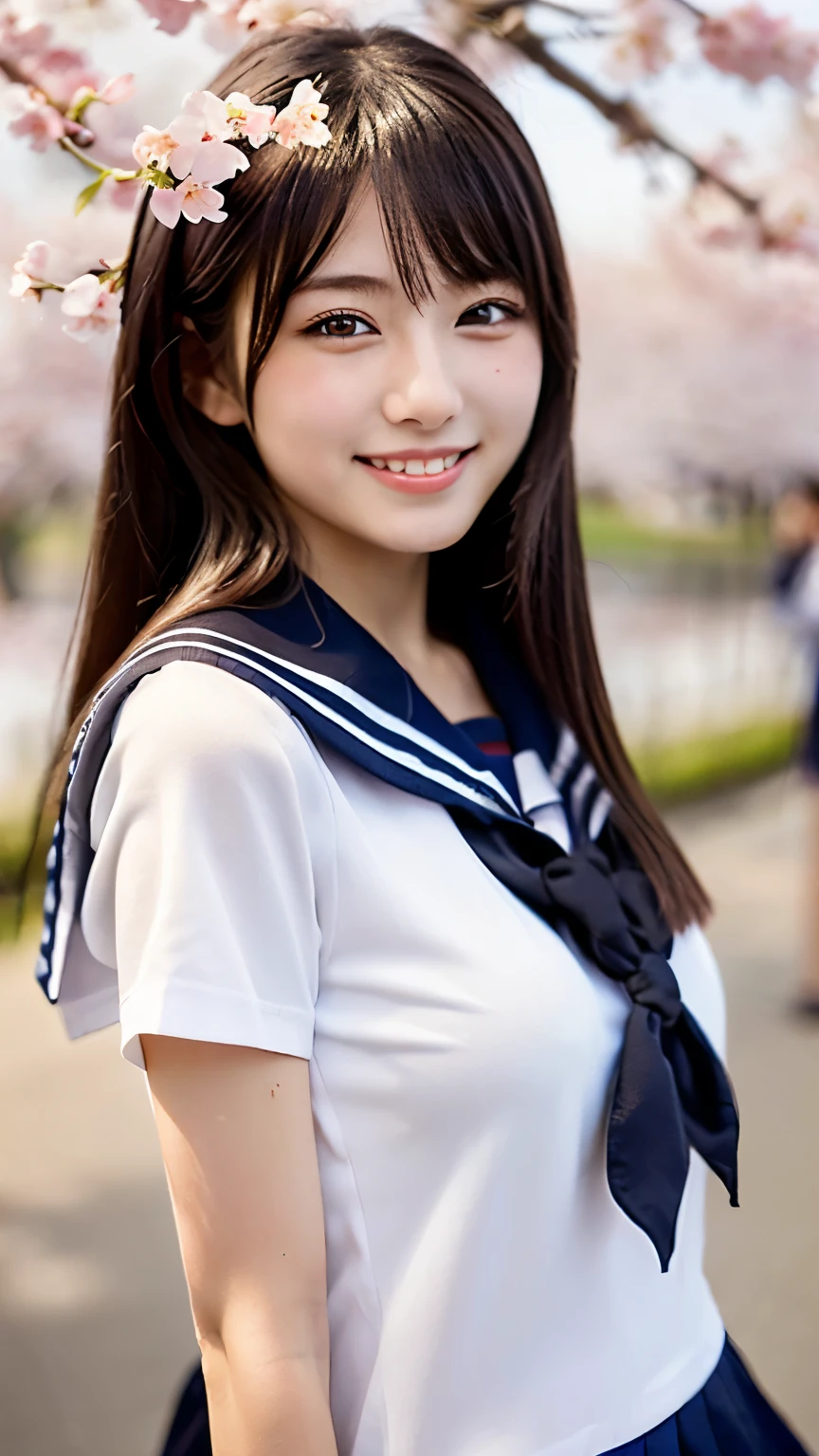 (((beautiful japanese high school girl))) 、1 person、(((At the cherry blossom trees in bloom)))、doing a sexy pose、(((Revealing sailor suit)))、(((Glamour)))、((smile))、photorealistic、With a clearer image、beautiful detailed eyes、hyper realism、high contrast、Ultra HD、realistic skin texture、Highest image quality、highest quality、ultra high resolution、Finely detailed、very carefully