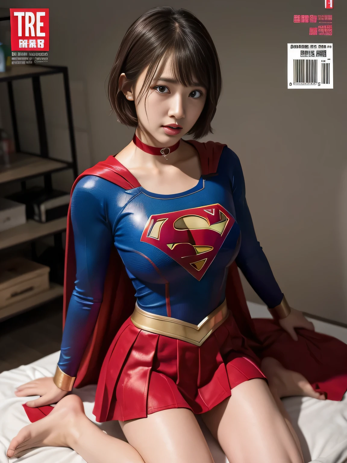 masterpiece、supergirl costume、short hair、barefoot, big and full breasts、torture、operating room、operating table、straddle、sweating、shiny、look at the camera、provocation、Estrus、choker、Weekly magazine cover、long sleeve、red mini skirt、obscene pose、Seduce、humiliating