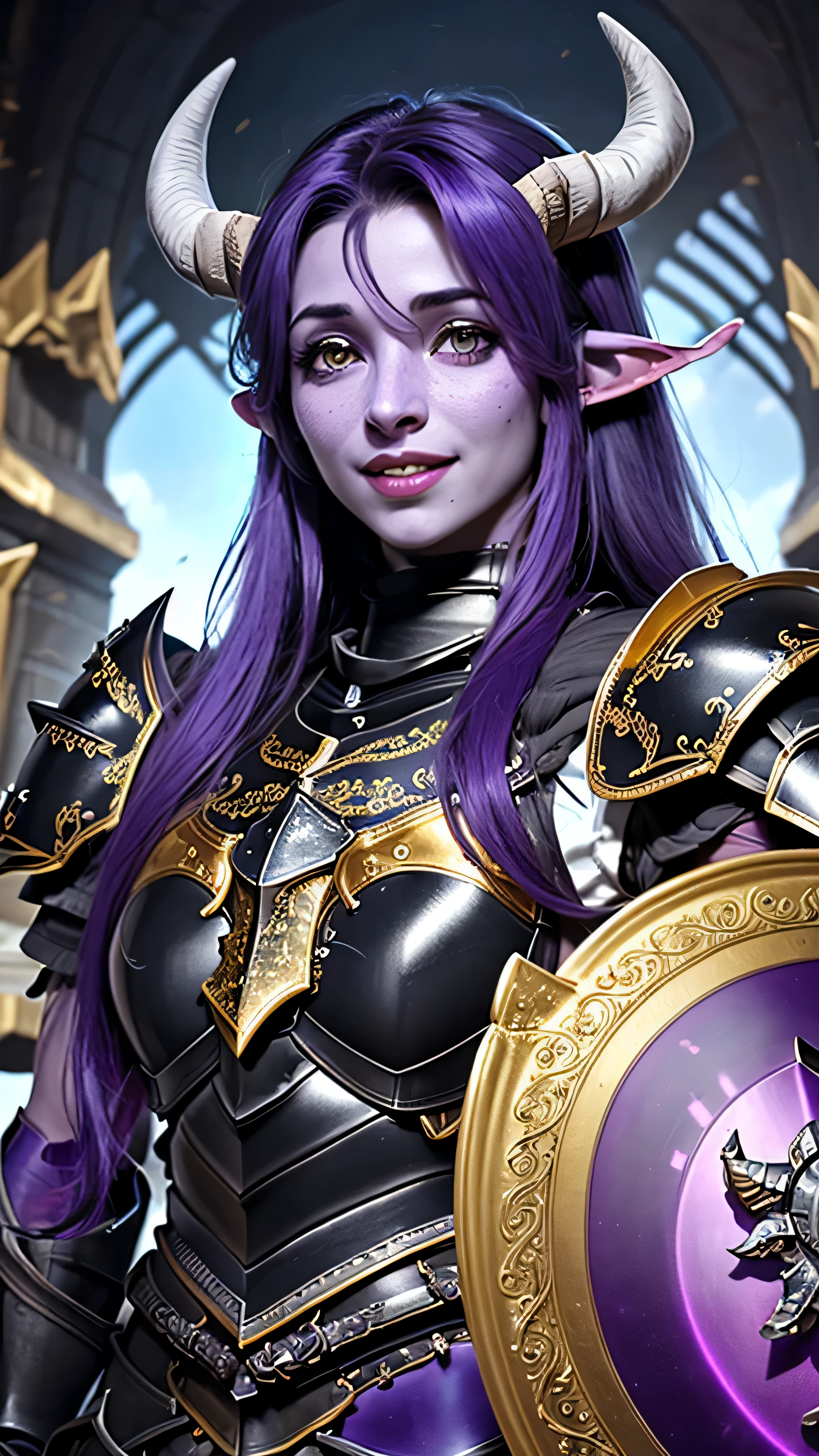 ((best quality: 1.5)) ((masterpiece: 0.8)), intricate details, sharp focus, professional, real life, realistic representation of the face, dynamic action pose, in the style of realistic and hyper detailed renderings BREAK (((((muscular (purple skin draenei girl), glossy (black horns), lacquered black paladin (armor:1.8), gold filigree, iridescent chrome shield, smiling)), gold eye, purple eye, red lips, long hair, [dark hair:blonde hair:0.6])))), freckles: 1.0), photorealistic, hyper-realistic, 8K