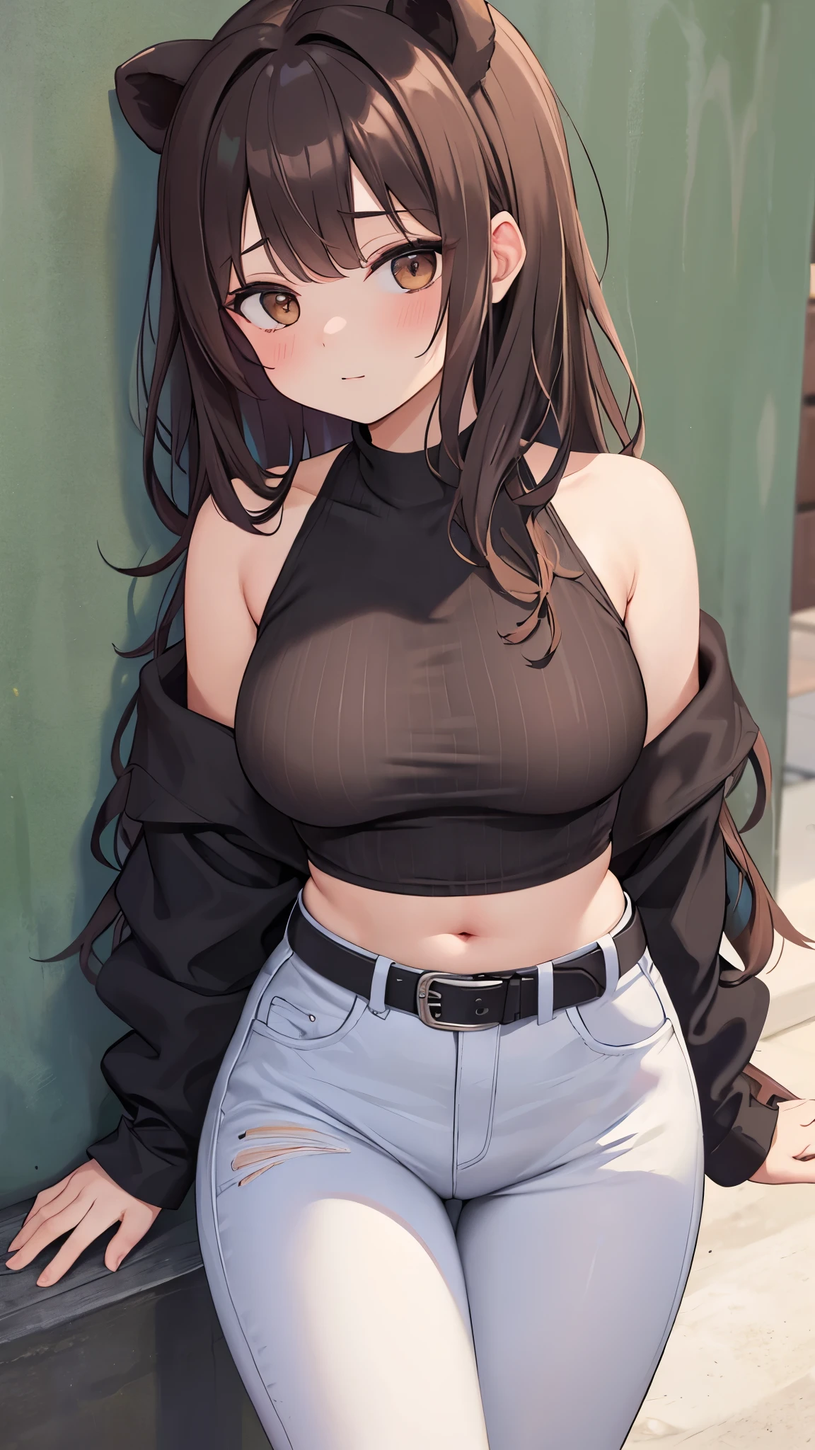 Medium length curly brown hair, brown eyes, small perky breasts, curvy body, chubby, wears jeans and a black shirt with a cute white bear stamp in the front and wears big sunglasses while having her belly button visible, has a black belt, is in a sunny park, is posing like a top model with her back leaning on the wall and facing the camera, has her back straight and shoulders low, staring at you sideways, looking mildly bratty and cold while being secretly romantically interested in you, being a little shy while being amorous, lovely, cheeky while being welcoming,add_detail:1, add_detail:0, add_detail:0.5