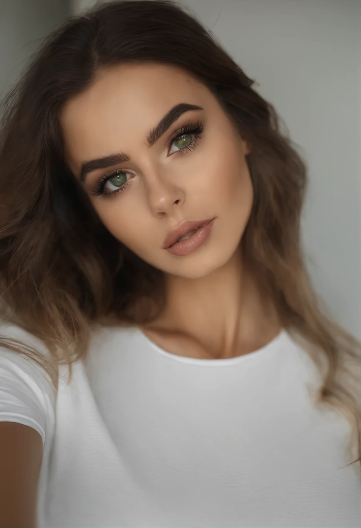 Mujer arafed con una camiseta blanca y un collar., chica sexy con ojos verdes, Retrato de Sophie Mudd, brown hair and big eyes, selfie de una mujer joven, ojos dormitorio, Violeta Myers, sin maquillaje, maquillaje natural, looking directly at the camera, cara con artgram, maquillaje sutil, Impresionante foto de cuerpo entero, penetrantes ojos verdes