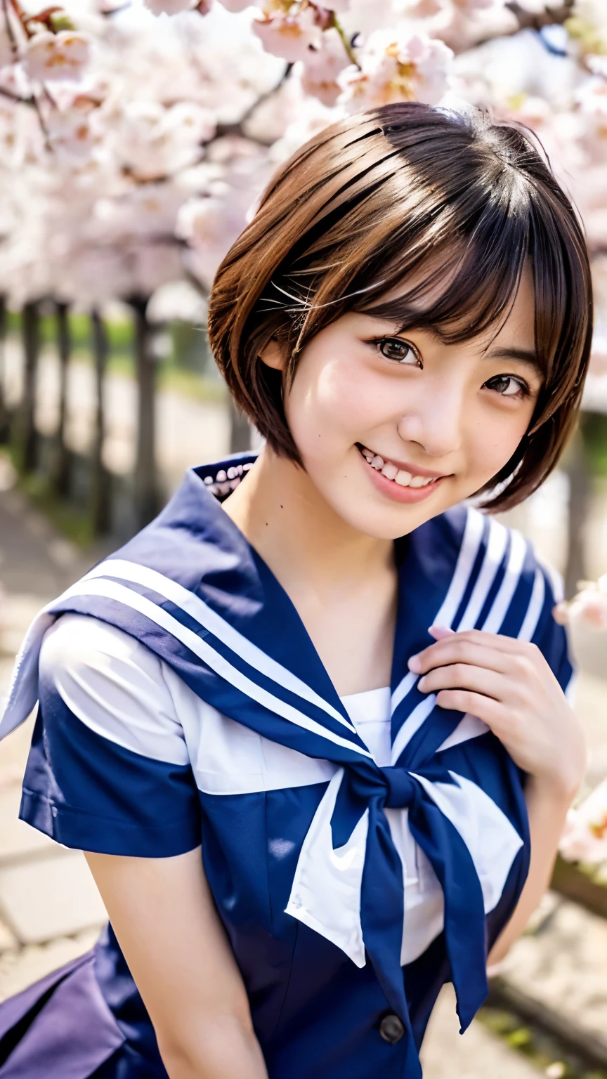 (((beautiful japanese high school girl))) 、1 person、short hair、(((At the cherry blossom trees in bloom)))、doing a sexy pose、(((Revealing sailor suit)))、(((Glamour)))、((smile))、photorealistic、With a clearer image、beautiful detailed eyes、hyper realism、high contrast、Ultra HD、realistic skin texture、Highest image quality、highest quality、ultra high resolution、Finely detailed、very carefully