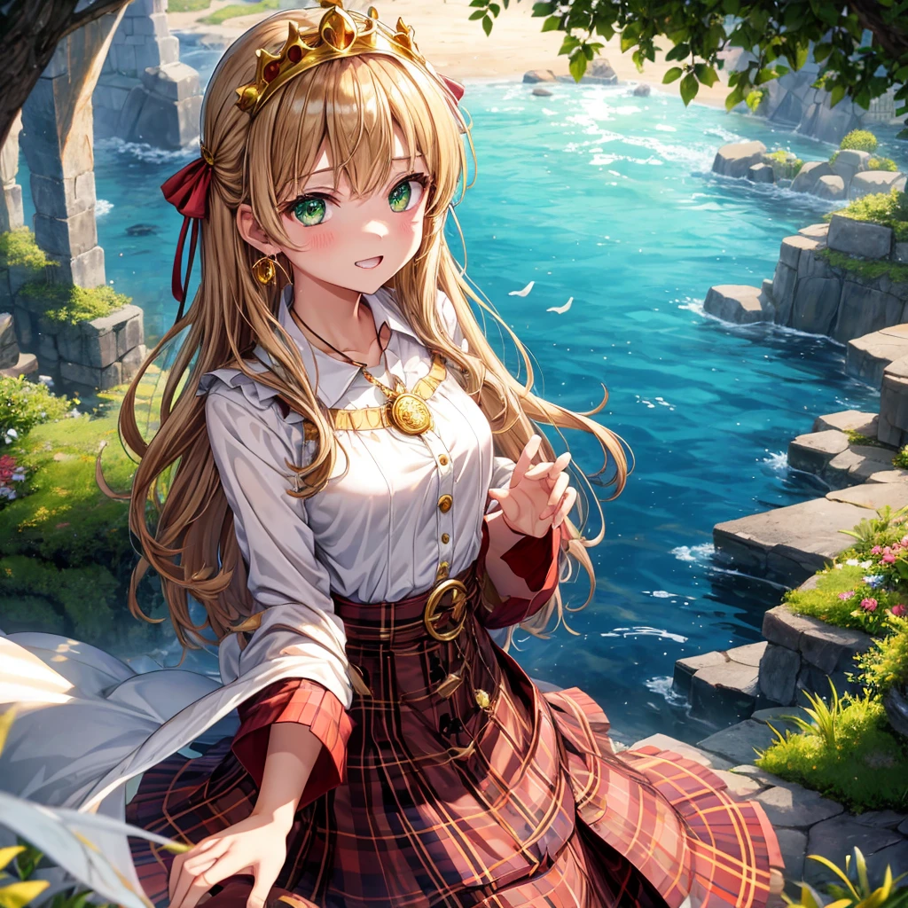 reddish-brown blonde、green eyes、one good looking girl、solo、anime、plaid mini skirt、the skirt has buttons、camisole、black t-shirt、dress、wearing a ribbon、ribbon at waist、cloak、hood、clouds are swirling、stone slabs are piled up、one hand raised、crystal earrings、sun、gold coins are falling、teeth are visible、splash of water、monster castle、have a world map、ceiling、golden key、jewelry necklace、tiara、Wheat-colored tan