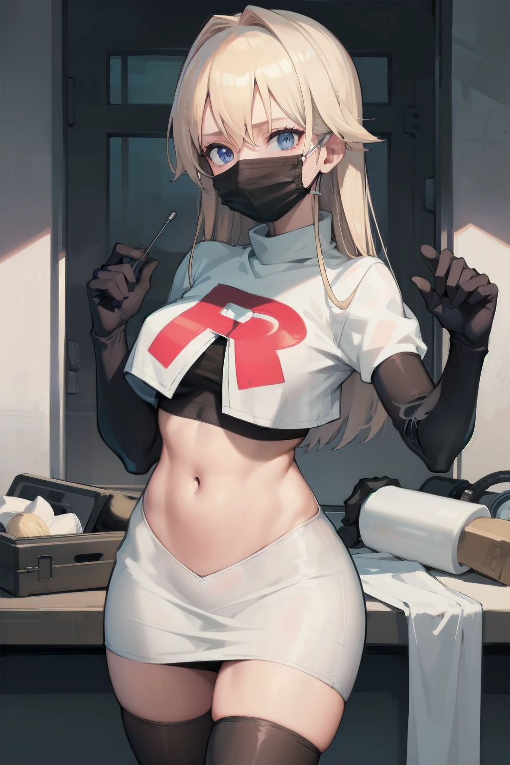 black nurse, 1womanl, Nurse Cap, blonde hair, Blue eyes, ((Black surgical mask, Cover the nose)), hospitals, surgery room, sharp outline, a matural female, 35 year old, Best Quality, masutepiece, team rocket,team rocket uniform, red letter R, white skirt,white crop top,black thigh-highs,black elbow gloves