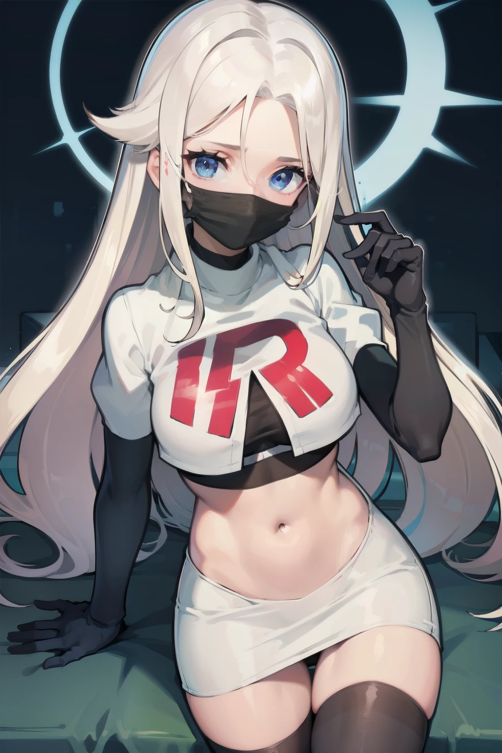 black nurse, 1womanl, Nurse Cap, blonde hair, Blue eyes, ((Black surgical mask, Cover the nose)), hospitals, surgery room, sharp outline, a matural female, 35 year old, Best Quality, masutepiece, team rocket,team rocket uniform, red letter R, white skirt,white crop top,black thigh-highs,black elbow gloves