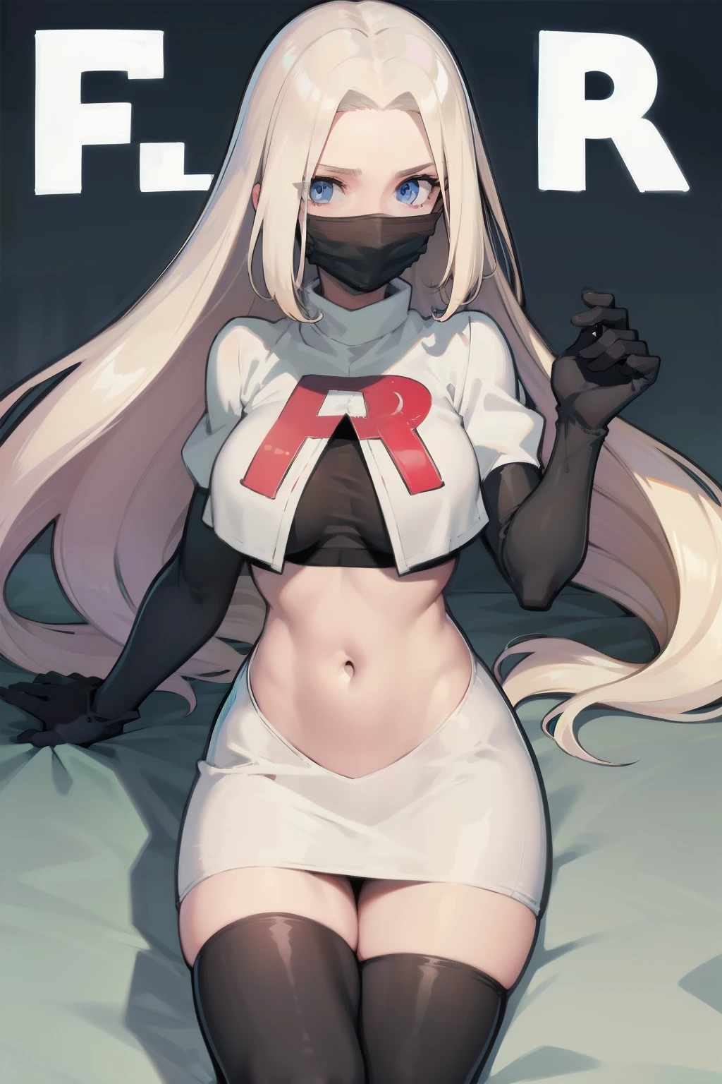 black nurse, 1womanl, Nurse Cap, blonde hair, Blue eyes, ((Black surgical mask, Cover the nose)), hospitals, surgery room, sharp outline, a matural female, 35 year old, Best Quality, masutepiece, team rocket,team rocket uniform, red letter R, white skirt,white crop top,black thigh-highs,black elbow gloves