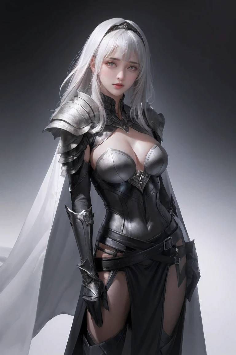 Black armor wrapped，shelmet，White cape，Older women，modern day,Small breasts, strong rimlight, intense shading, Girl, Solo,