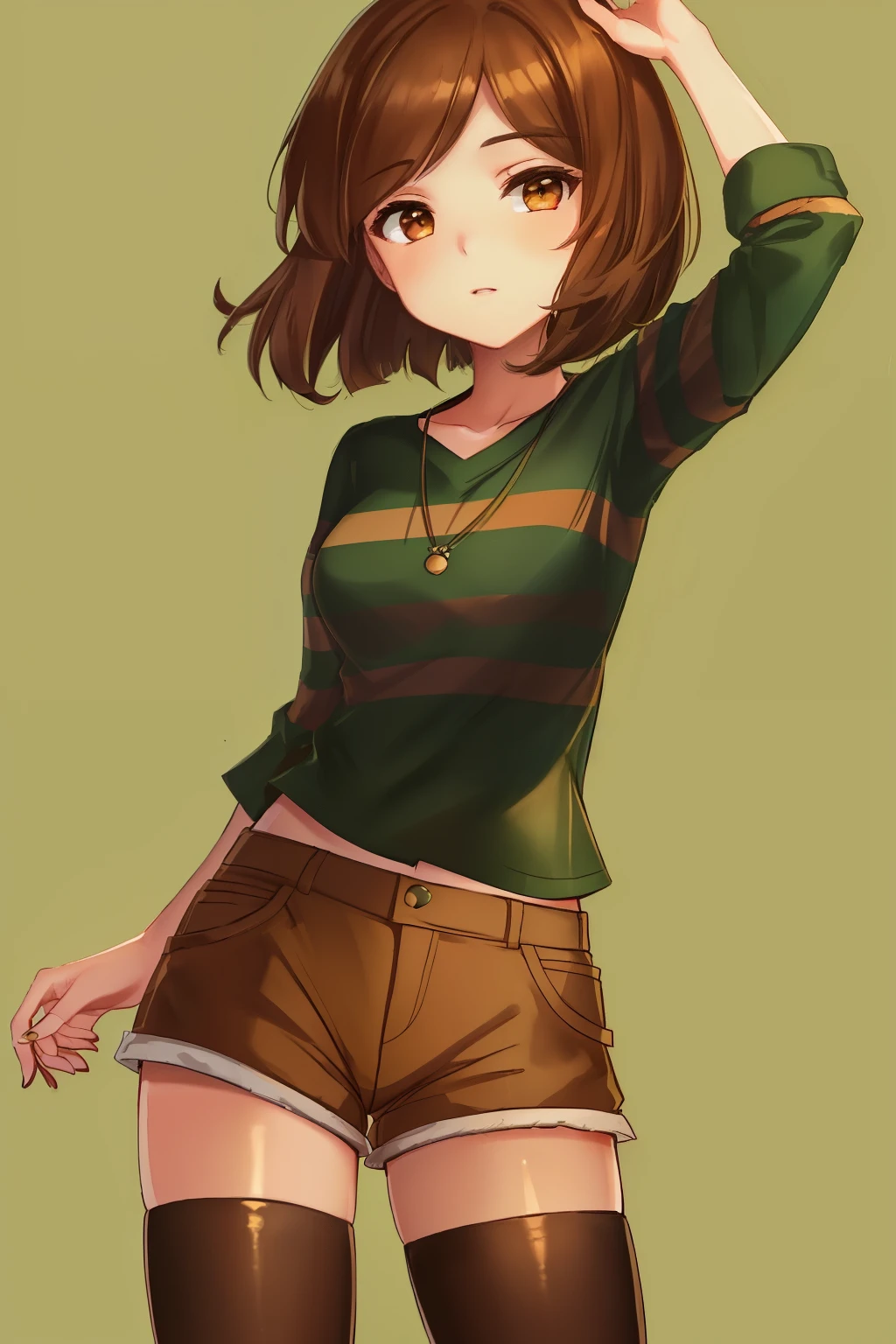 ((best quality)), ((masterpiece)), (detailed), Undertale Chara, brown hair, (brown shorts: 1.3), bob cut, short hair, black pantyhose, (green shirt: 1.3), red eyes, (1girl: 1.3), (solo: 1.3), stripes, striped shirt tetas con una altura de 2 y 1.0 centimeters y un grosor de 1.0 centimeters