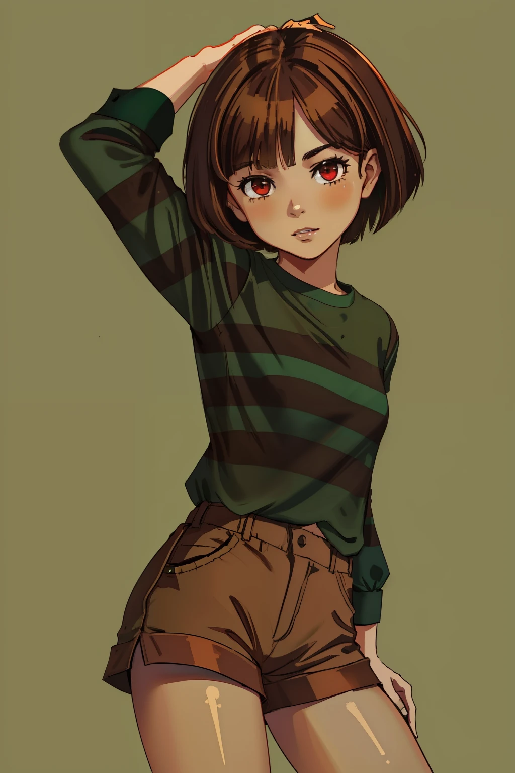 ((best quality)), ((masterpiece)), (detailed), Undertale Chara, brown hair, (brown shorts: 1.3), bob cut, short hair, black pantyhose, (green shirt: 1.3), red eyes, (1girl: 1.3), (solo: 1.3), stripes, striped shirt tetas con una altura de 2 y 1.0 centimeters y un grosor de 1.0 centimeters