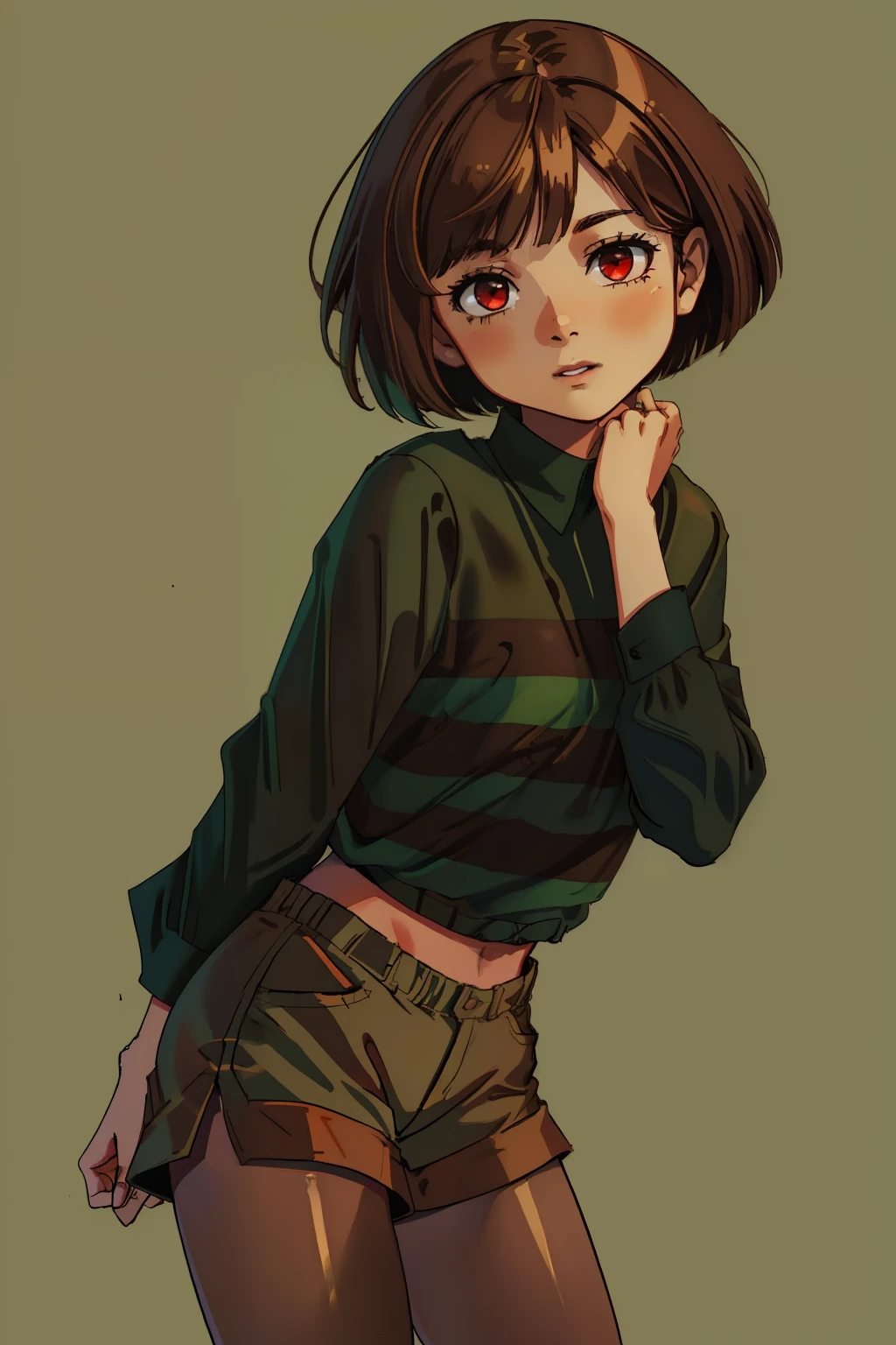 ((best quality)), ((masterpiece)), (detailed), Undertale Chara, brown hair, (brown shorts: 1.3), bob cut, short hair, black pantyhose, (green shirt: 1.3), red eyes, (1girl: 1.3), (solo: 1.3), stripes, striped shirt tetas con una altura de 2 y 1.0 centimeters y un grosor de 1.0 centimeters