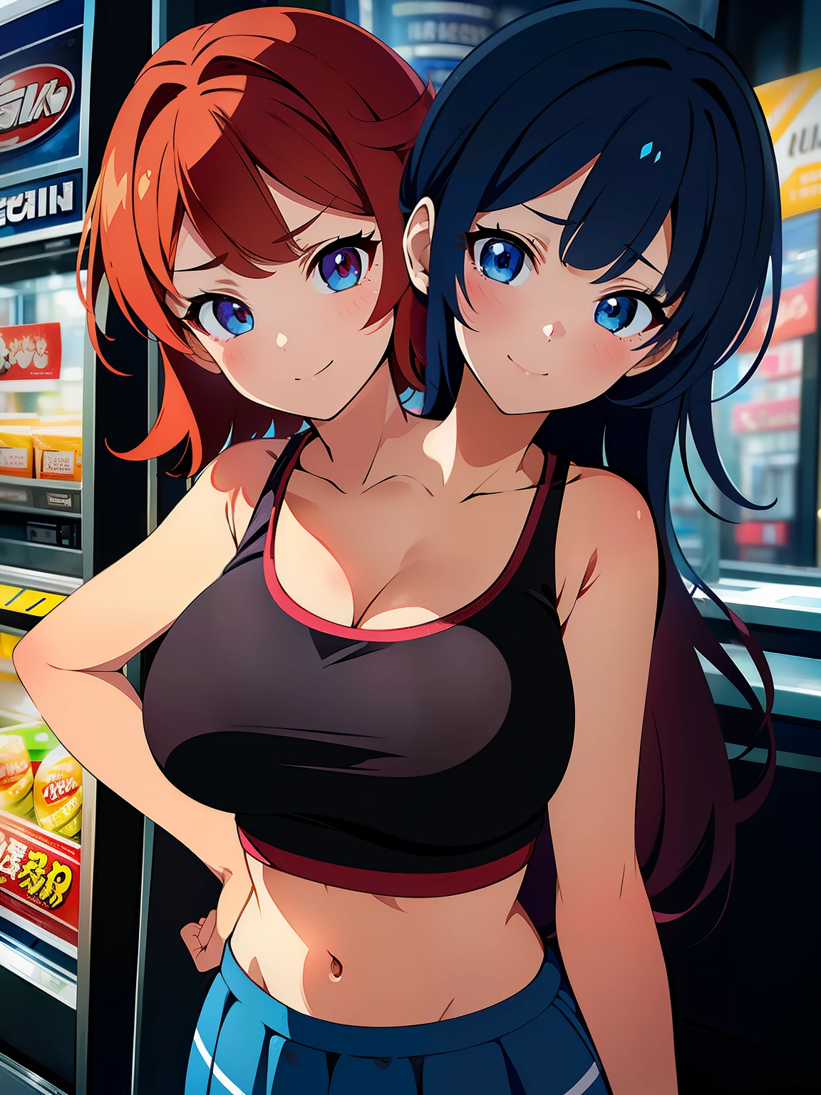 (masterpiece),(ultra-detailed), (high quality), (high resolution), (best quality:1.5, highres, UHD), highres, absurdo, ultra detail, ultra quality, Ultra resolution, 16k, ((2heads:1.5)), 1girl, anime girl with two headagenta hair), black tank top, casual wear, city background, smiling, shopping mall, teenage girl, vibrant lighting, blue skirt, (red sports bra), blushing