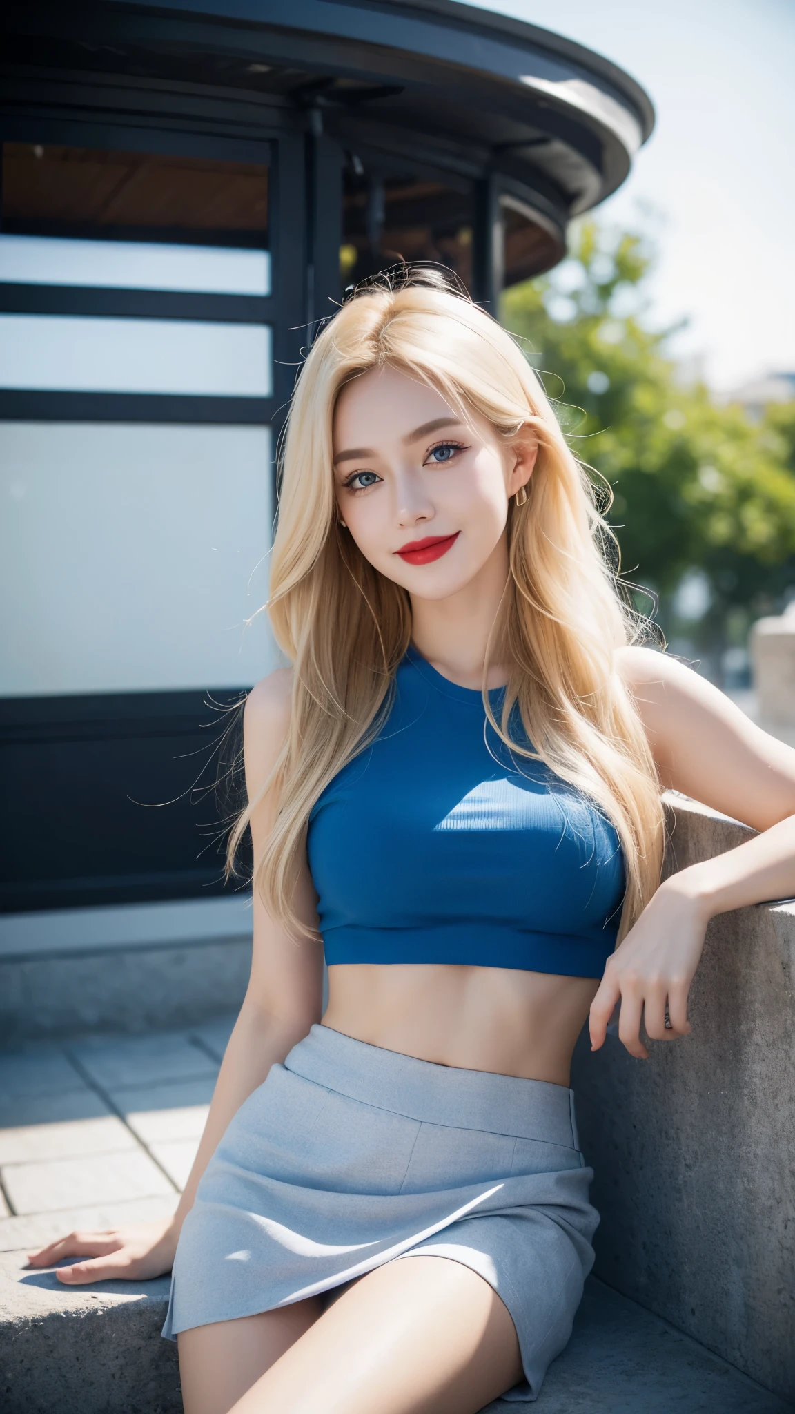 Beautiful girl, russian makeup, russian girl, red lips, smiling, blonde hair, blue eyes, crop top, short skirt, park view,