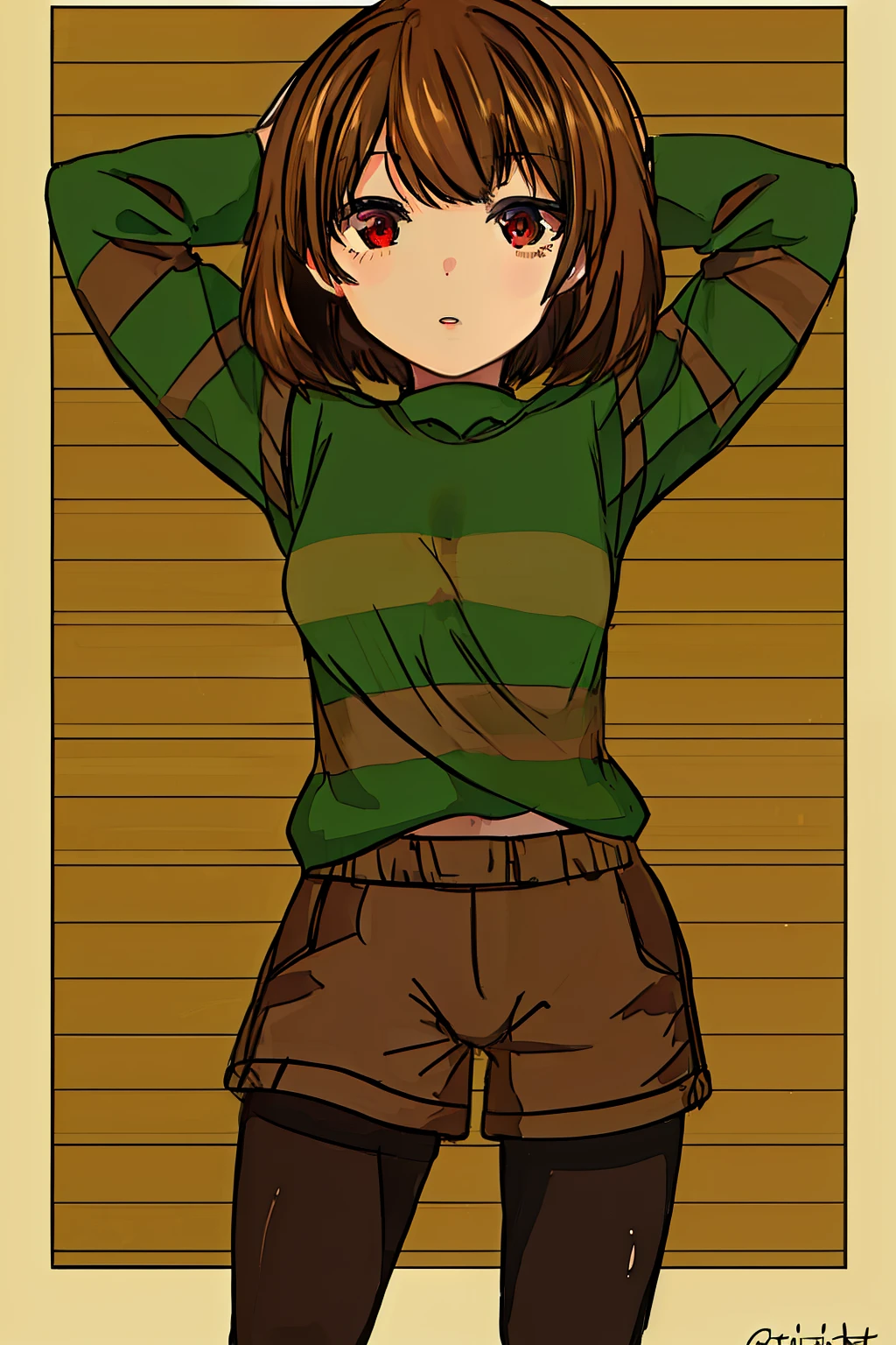 ((best quality)), ((masterpiece)), (detailed), Undertale Chara, brown hair, (brown shorts: 1.3), bob cut, short hair, black pantyhose, (green shirt: 1.3), red eyes, (1girl: 1.3), (solo: 1.3), stripes, striped shirt tetas con una altura de 2 y 1.0 centimeters y un grosor de 1.0 centimeters